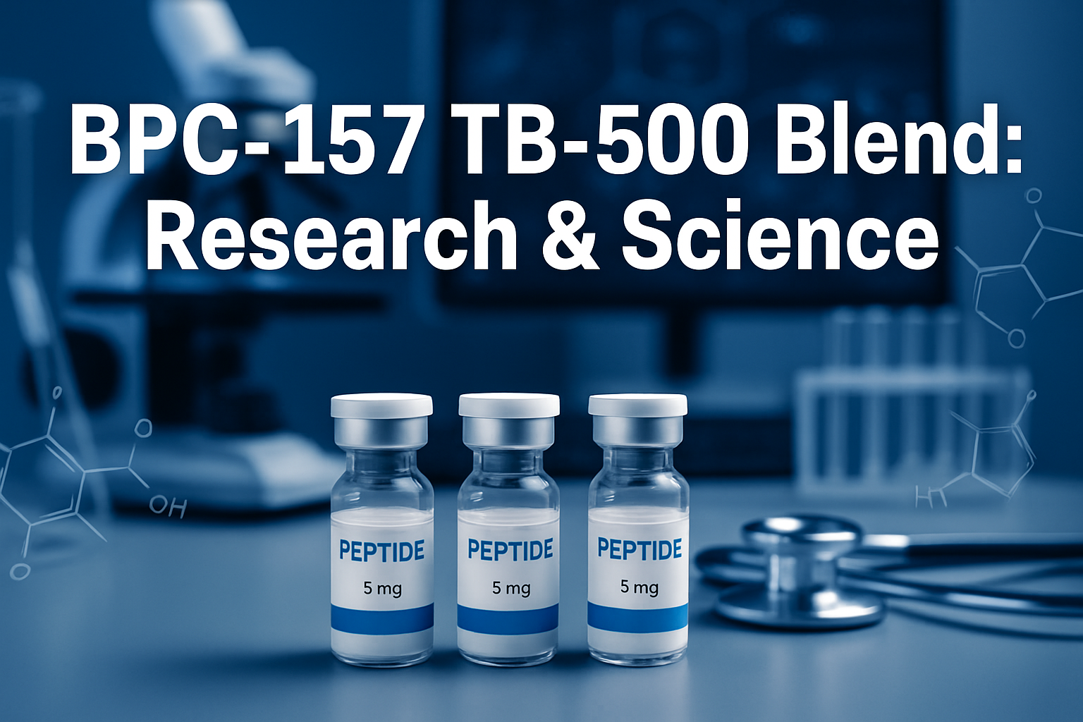 Professional landscape hero image (1536x1024) featuring bold text overlay 'BPC-157 TB-500 Blend: Research & Science' in extra large 72pt whi
