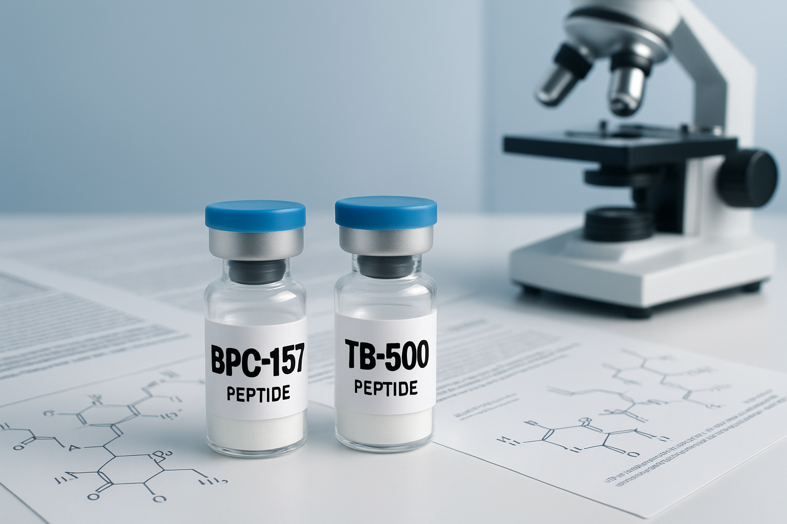 Scientific laboratory scene showing two distinct peptide vials labeled BPC-157 and TB-500 on sterile white surface with molecular structure 