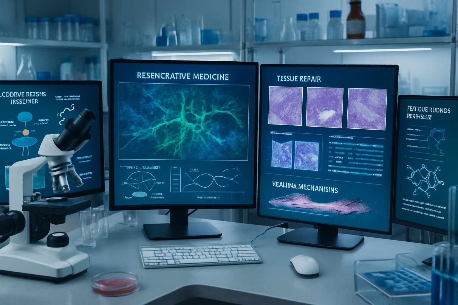 Advanced research laboratory workspace displaying cellular regeneration imagery, tissue repair microscopy slides, angiogenesis visualization