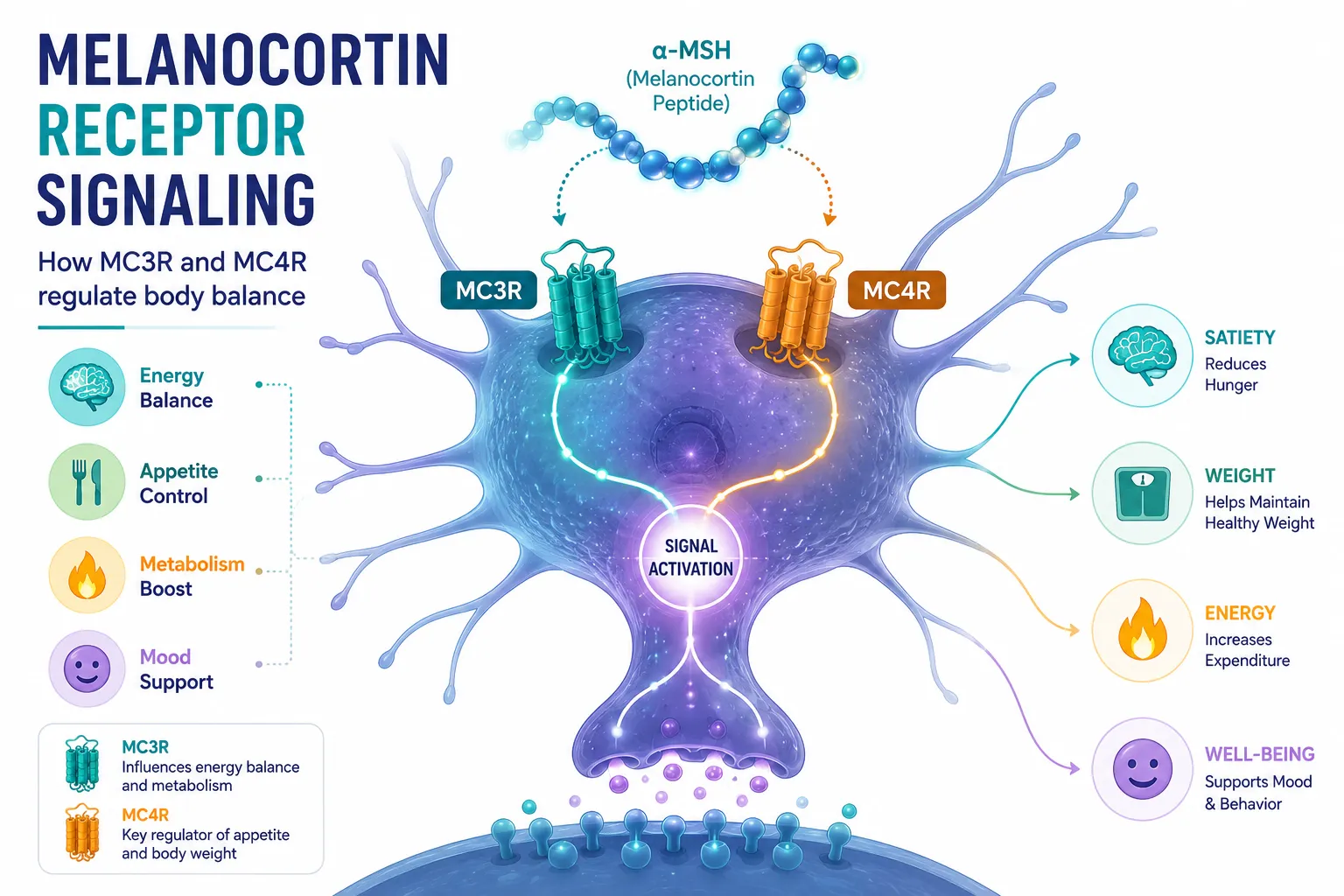 Bright editorial infographic-style landscape image () illustrating melanocortin receptor signaling: a clean flat-vector