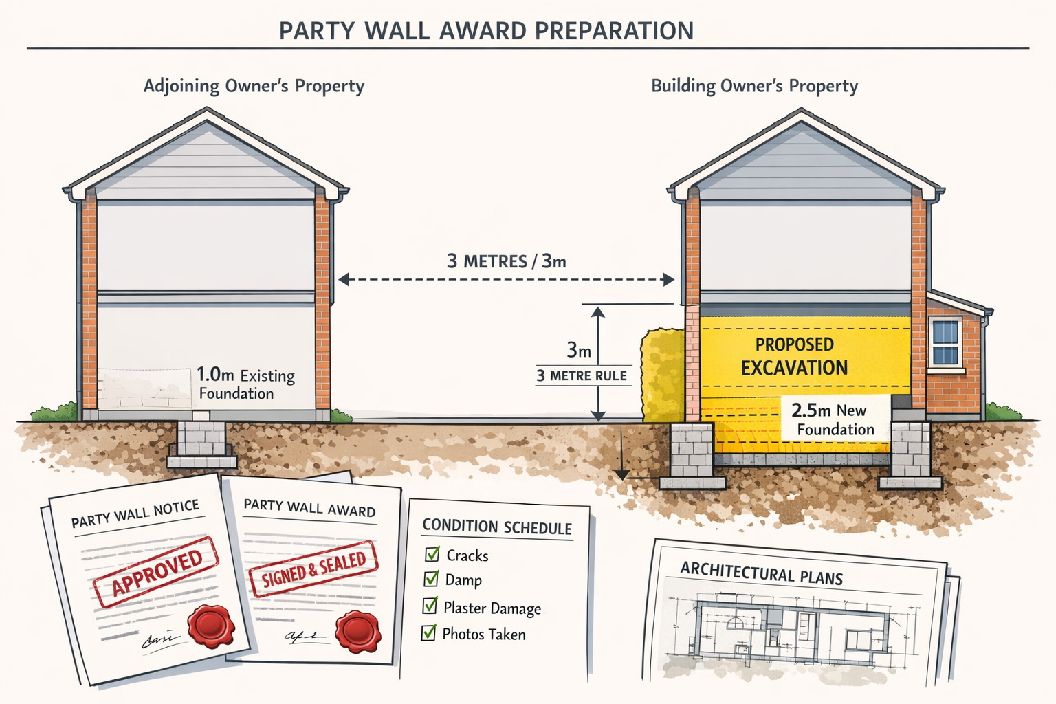 () technical illustration showing cross-section diagram of party wall award preparation, split-view of two adjacent