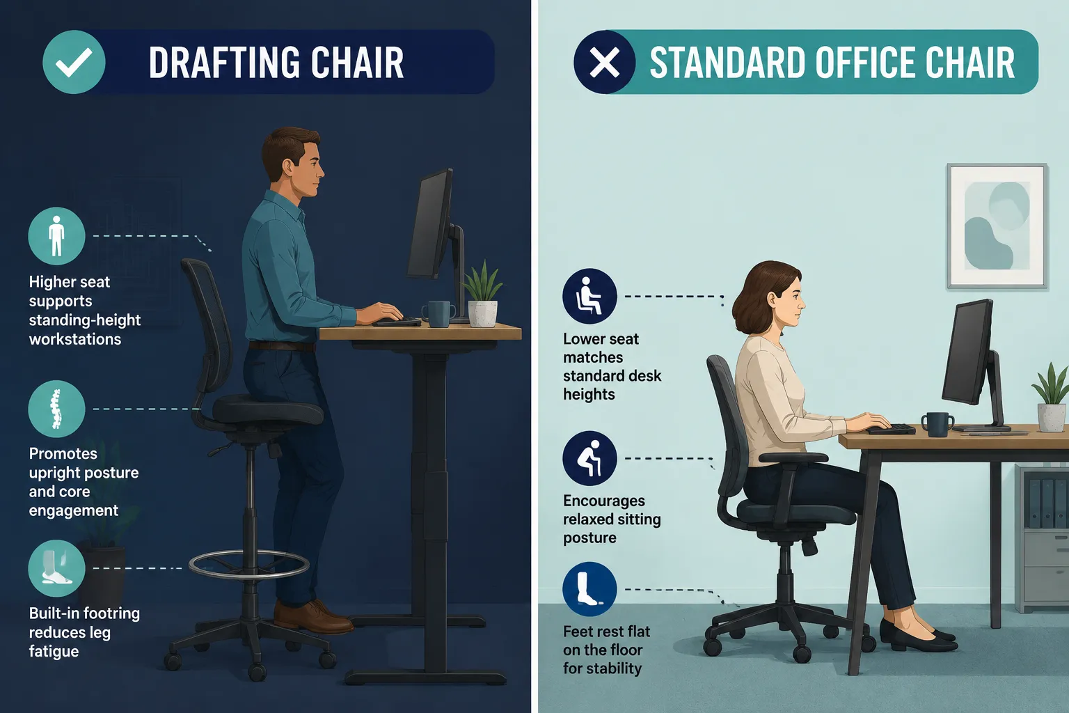 Hylone Armless Drafting Chair Split-screen landscape format (1536x1024) comparison guide: left panel labeled 'Drafting Chair' shows a tall mesh armless chair at an elevated standing desk with a white man standing-height posture, right panel labeled 'Standard Office Chair' shows a regular height desk chair at a conventional desk. Each panel has 3 short bullet labels noting key height and posture differences. Clean white dividing line, navy and teal palette, flat editorial illustration style, no pricing text, magazine infographic quality. Hylone Armless Drafting Chair vs Other Drafting Chairs