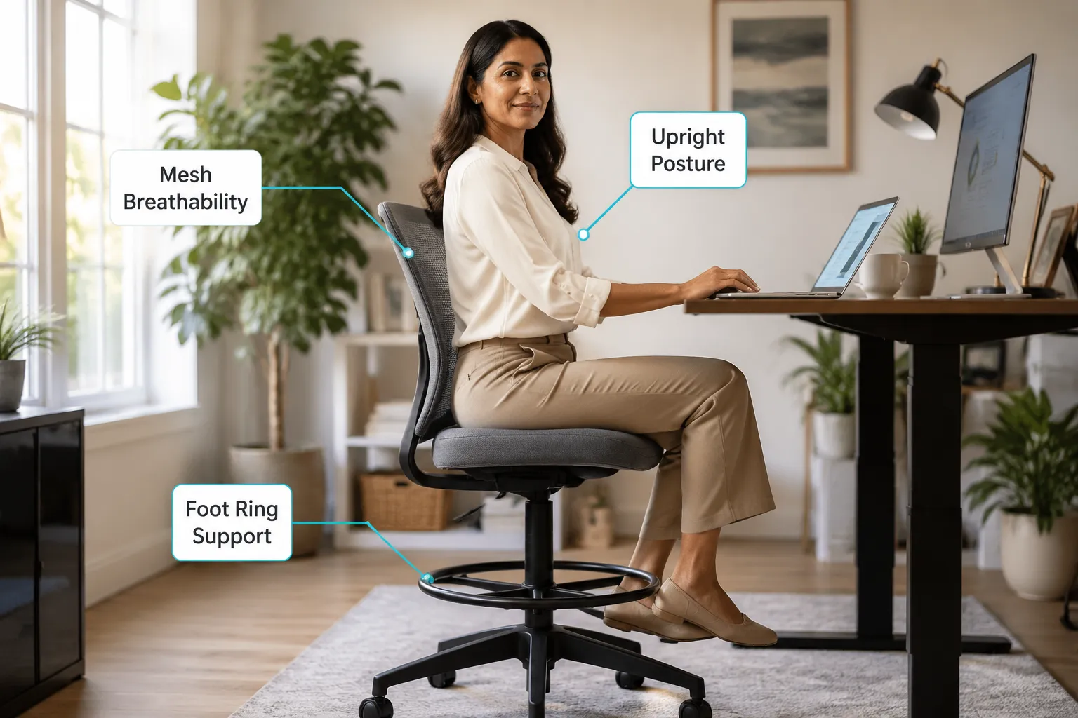 Hylone Armless Drafting Chair Annotated documentary-style editorial photograph in landscape format (1536x1024) showing a white woman in her late 30s seated on a grey mesh armless drafting chair at a standing-height desk in a bright modern home office. Three callout labels point to: 'Foot Ring Support', 'Upright Posture', 'Mesh Breathability'. Warm natural daylight, shallow depth of field on background, sharp focus on chair and posture, teal callout lines with white label boxes, editorial lifestyle photography quality, no pricing text, inside 5% safe margins. Hylone Armless Drafting Chair Reviews: What Buyers Actually Say