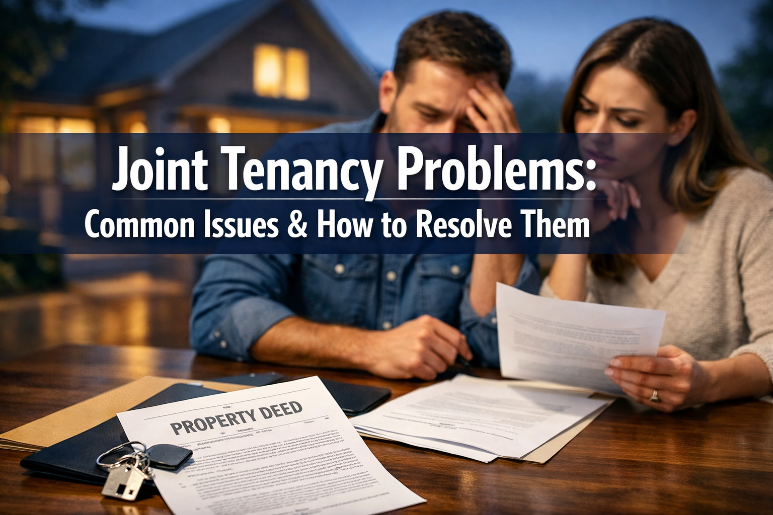 Professional landscape hero image (1536x1024) featuring bold text overlay 'Joint Tenancy Problems: Common Issues & How to Resolve Them' in e