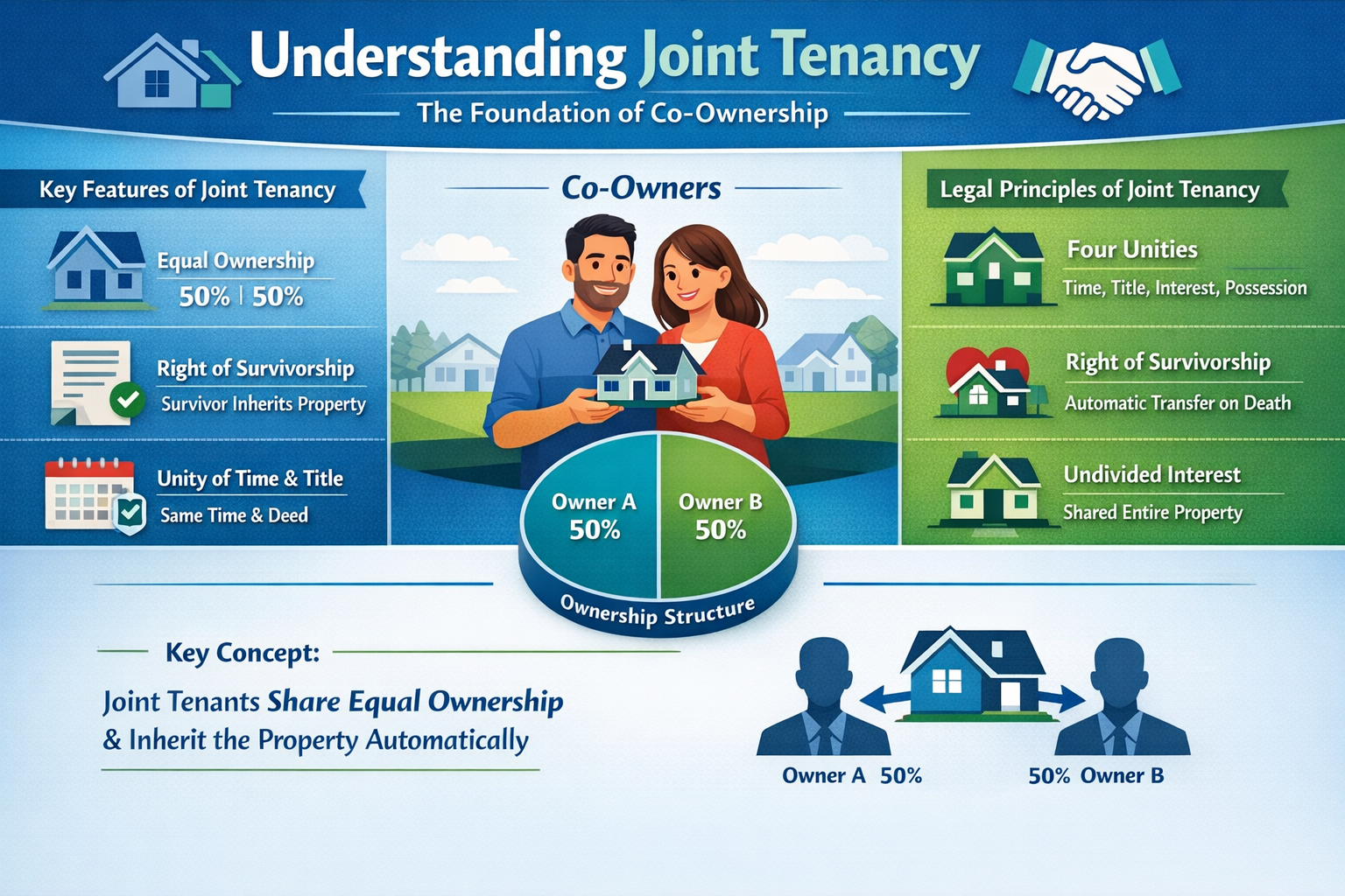 Professional landscape infographic (1536x1024) for article "Joint Tenancy Problems: Common Issues & How to Resolve Them", section: "Understa