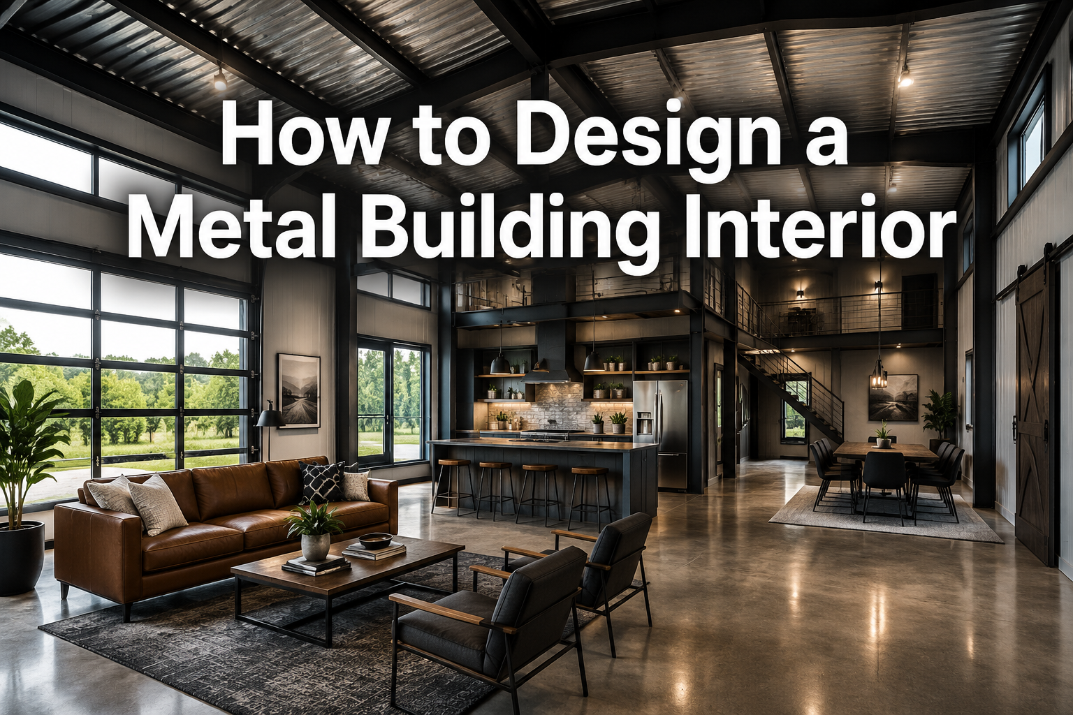 Professional () hero image with : 'How to Design a Metal Building Interior' in extra large white with dark drop , centered