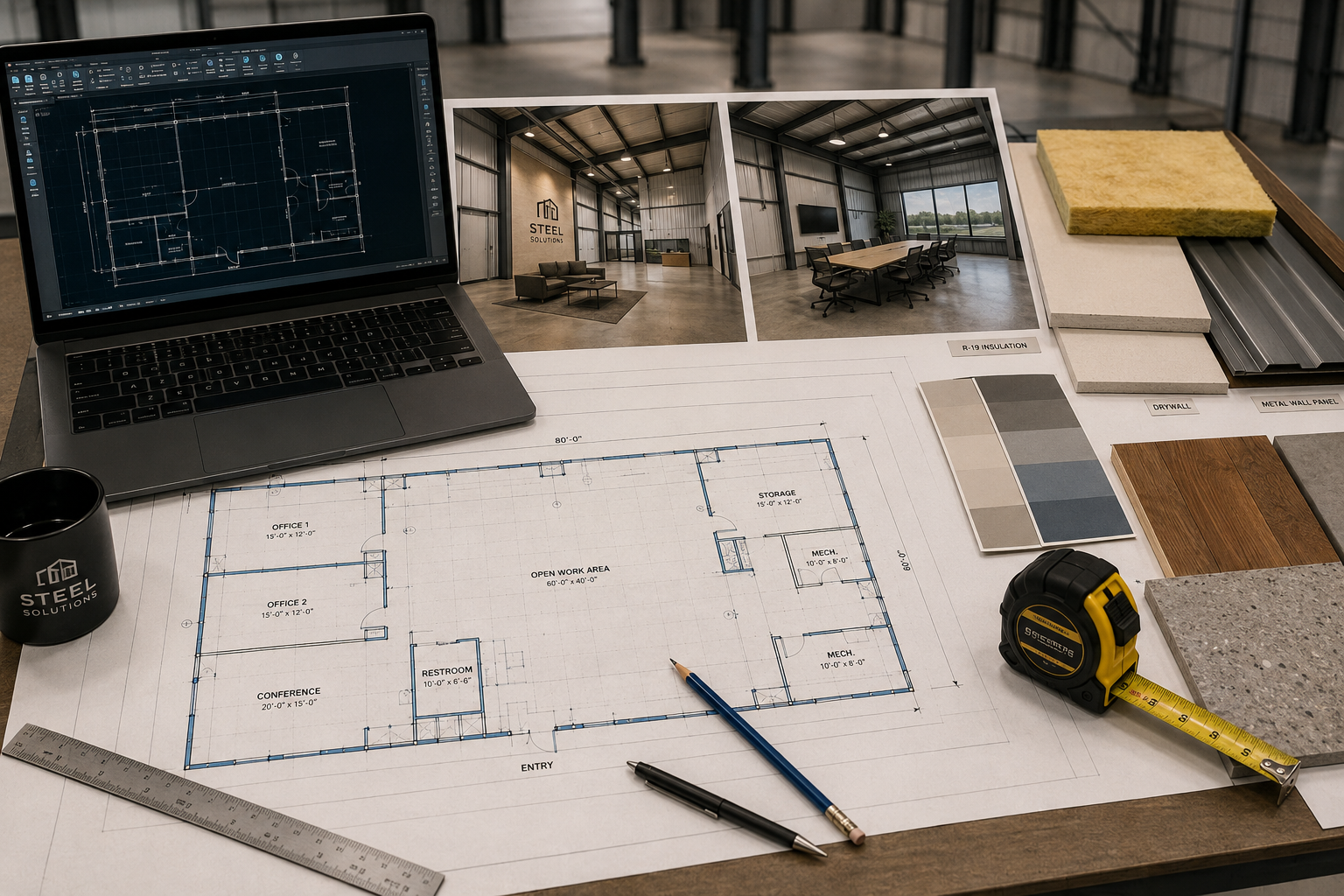 Detailed () interior design planning illustration showing a metal building floor plan blueprint spread on a drafting table
