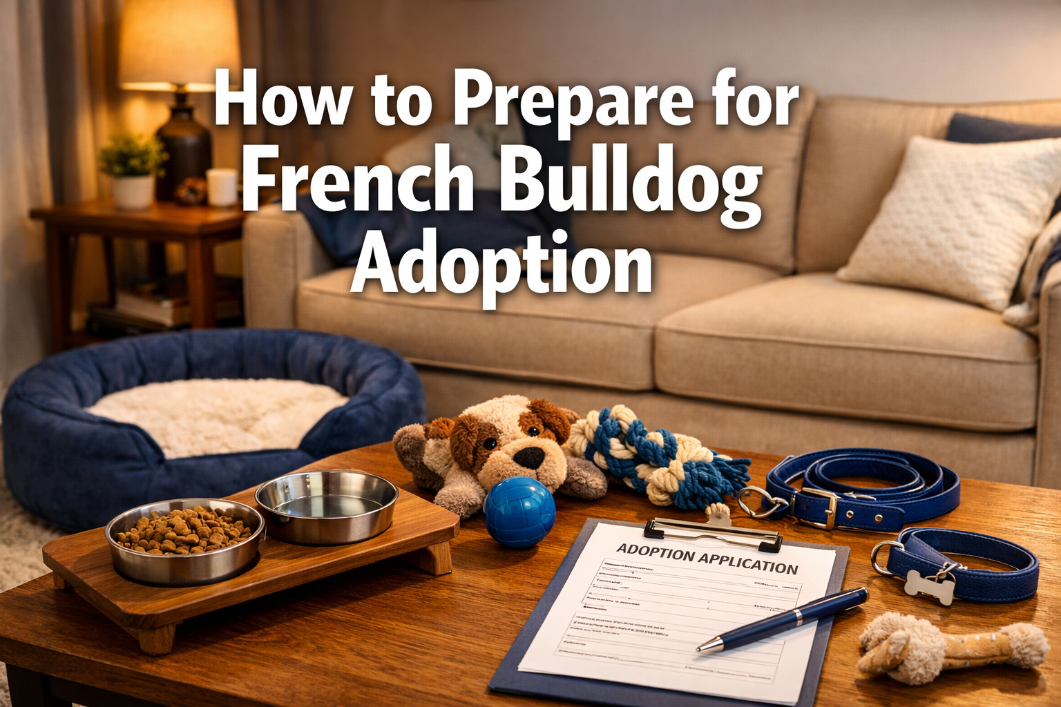 Professional landscape format (1536x1024) hero image featuring bold text overlay 'How to Prepare for French Bulldog Adoption' in extra large