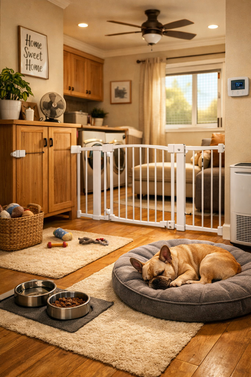 Portrait format (1024x1536) cozy home interior showing French Bulldog-proofed living space. Features baby gates, secured cabinets, comfortab