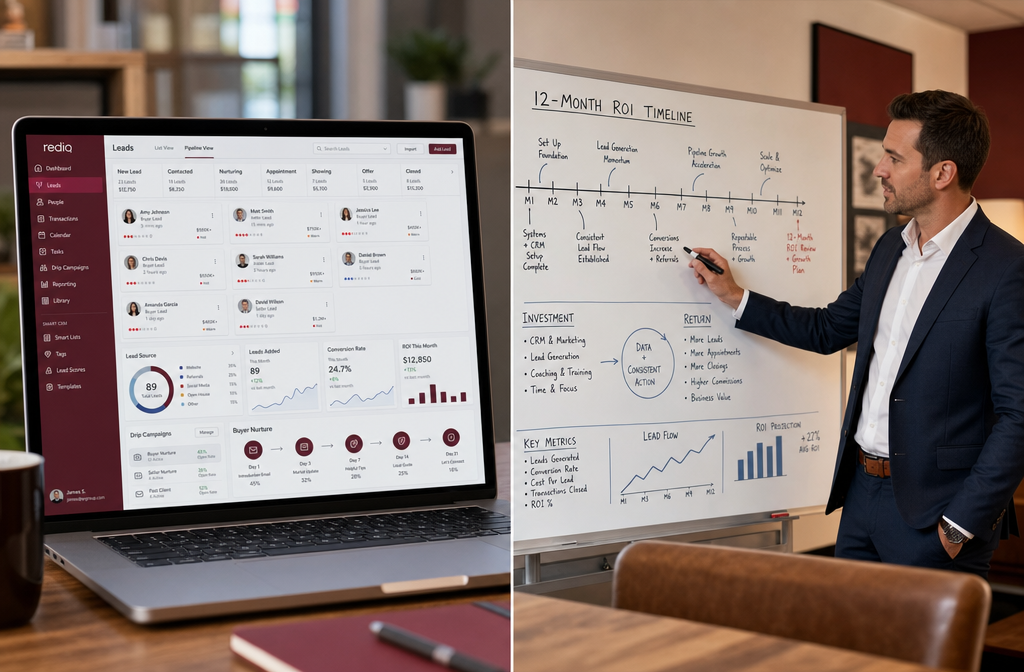 () showing a close-up split-screen concept: left side displays the Market Leader CRM interface on a laptop with lead cards