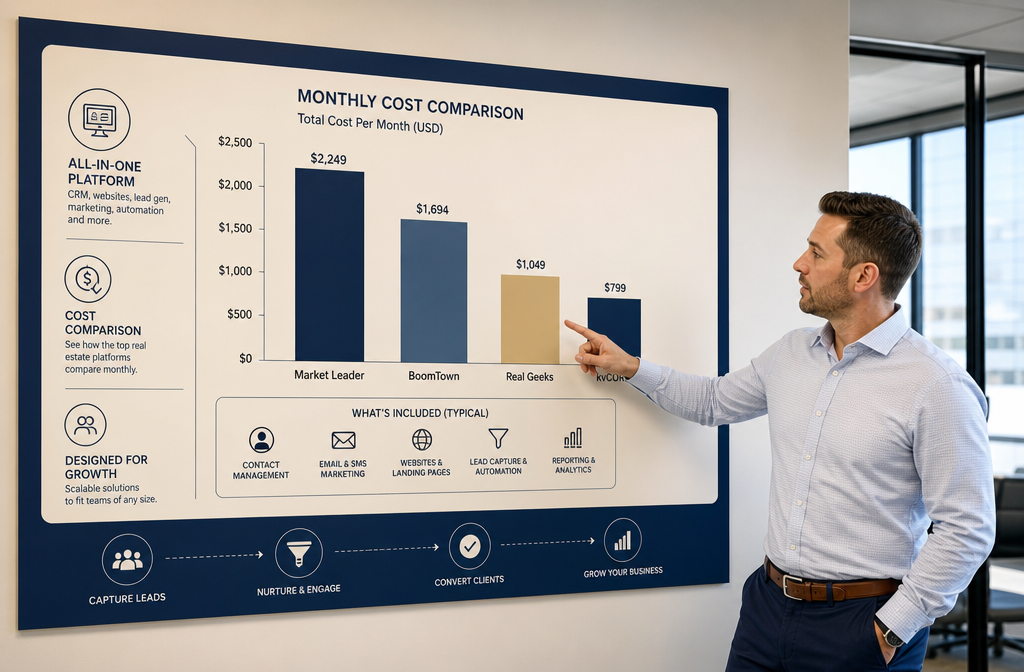 () showing a detailed pricing comparison infographic concept rendered as a physical poster on a modern office wall. The