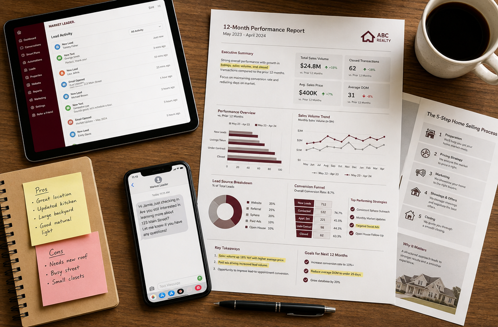 () showing a top-down flat-lay composition of a real estate agent's desk: a tablet showing a Market Leader lead activity