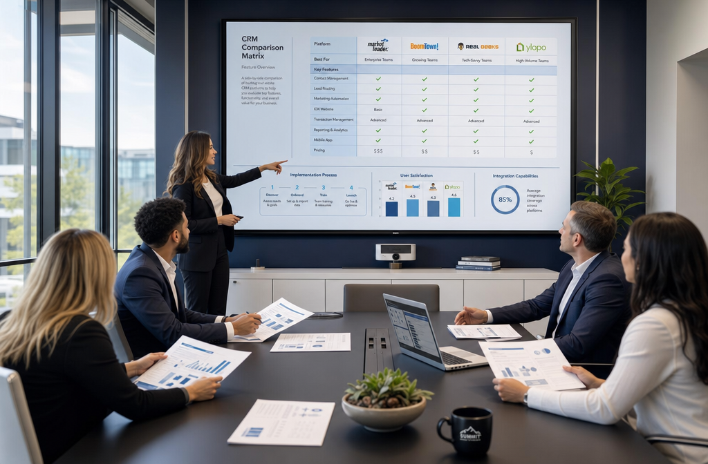 () showing a modern real estate team meeting in a glass-walled conference room. A large screen at the front displays a CRM
