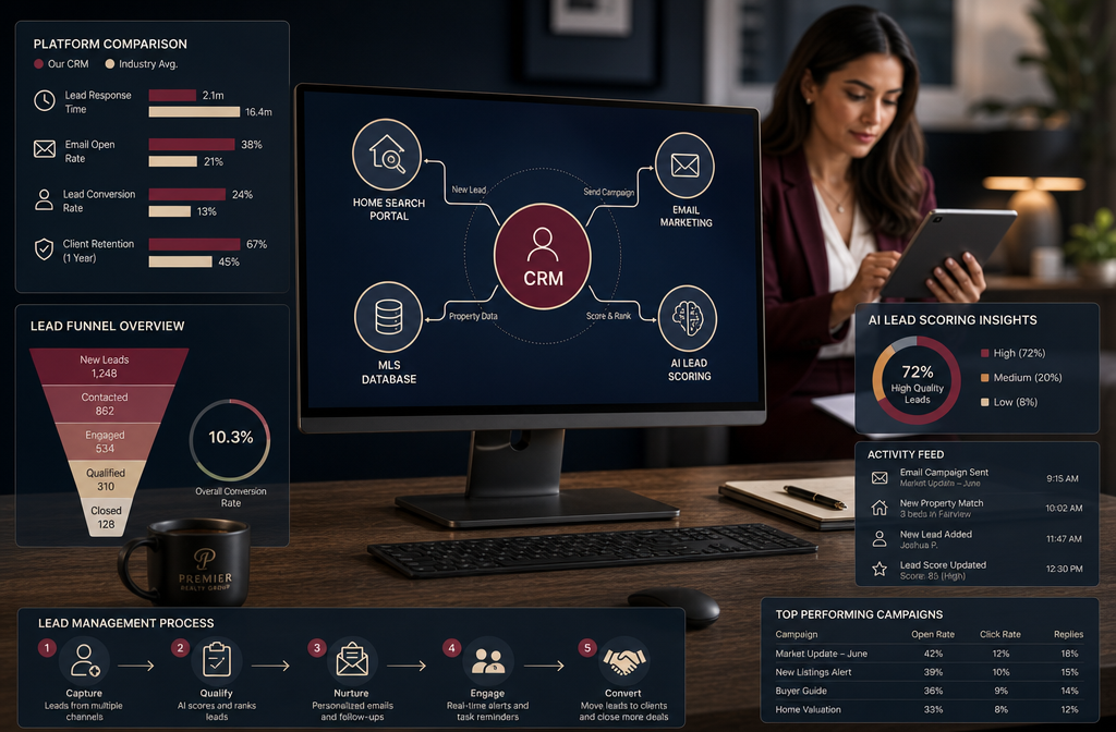 () showing a visual concept of a real estate agent's digital ecosystem: a central hub graphic on a monitor screen showing