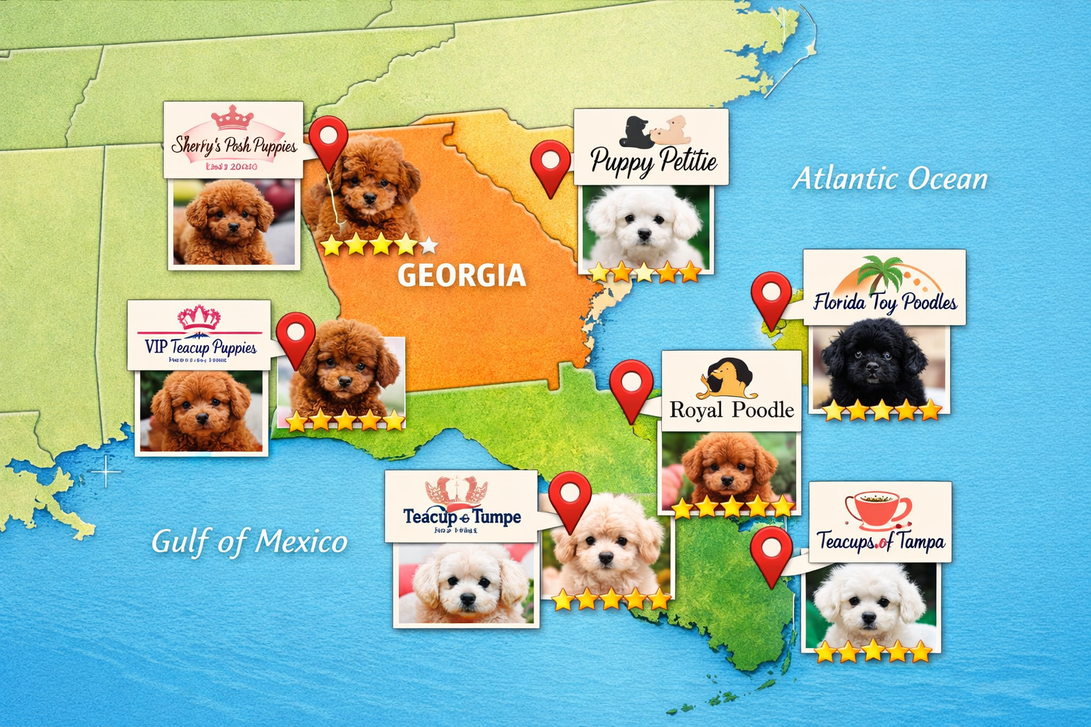 Interactive map visualization of the southeastern United States highlighting Georgia and Florida with location pins marking top toy poodle b