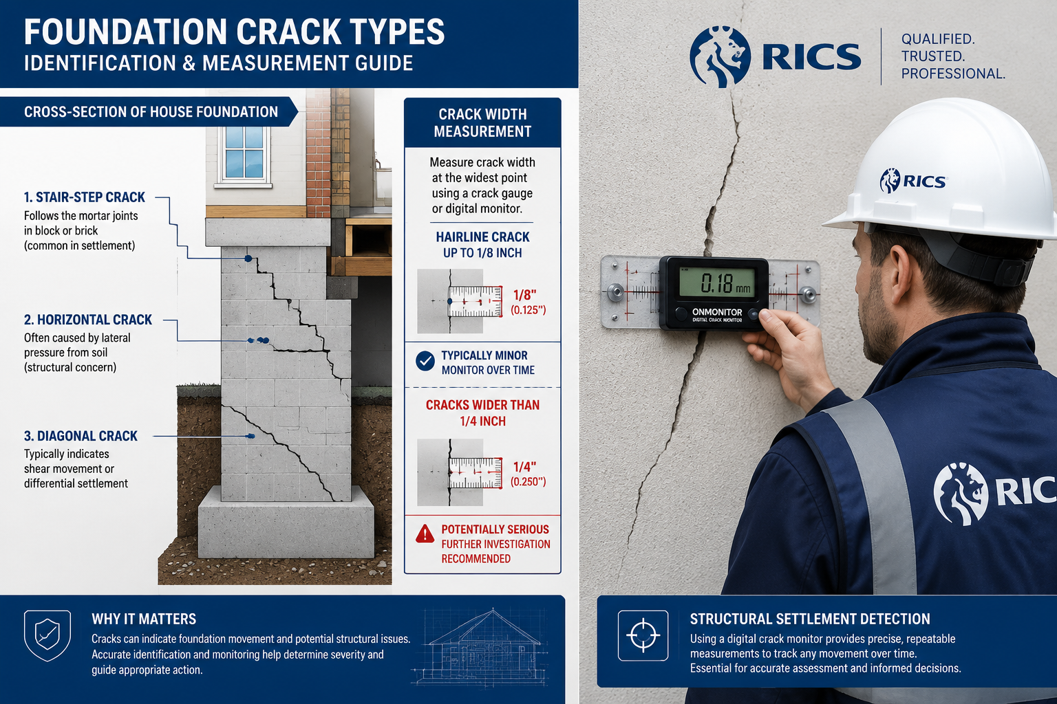 Detailed () showing a split-scene infographic: left half displays a cross-section diagram of a house foundation with labeled