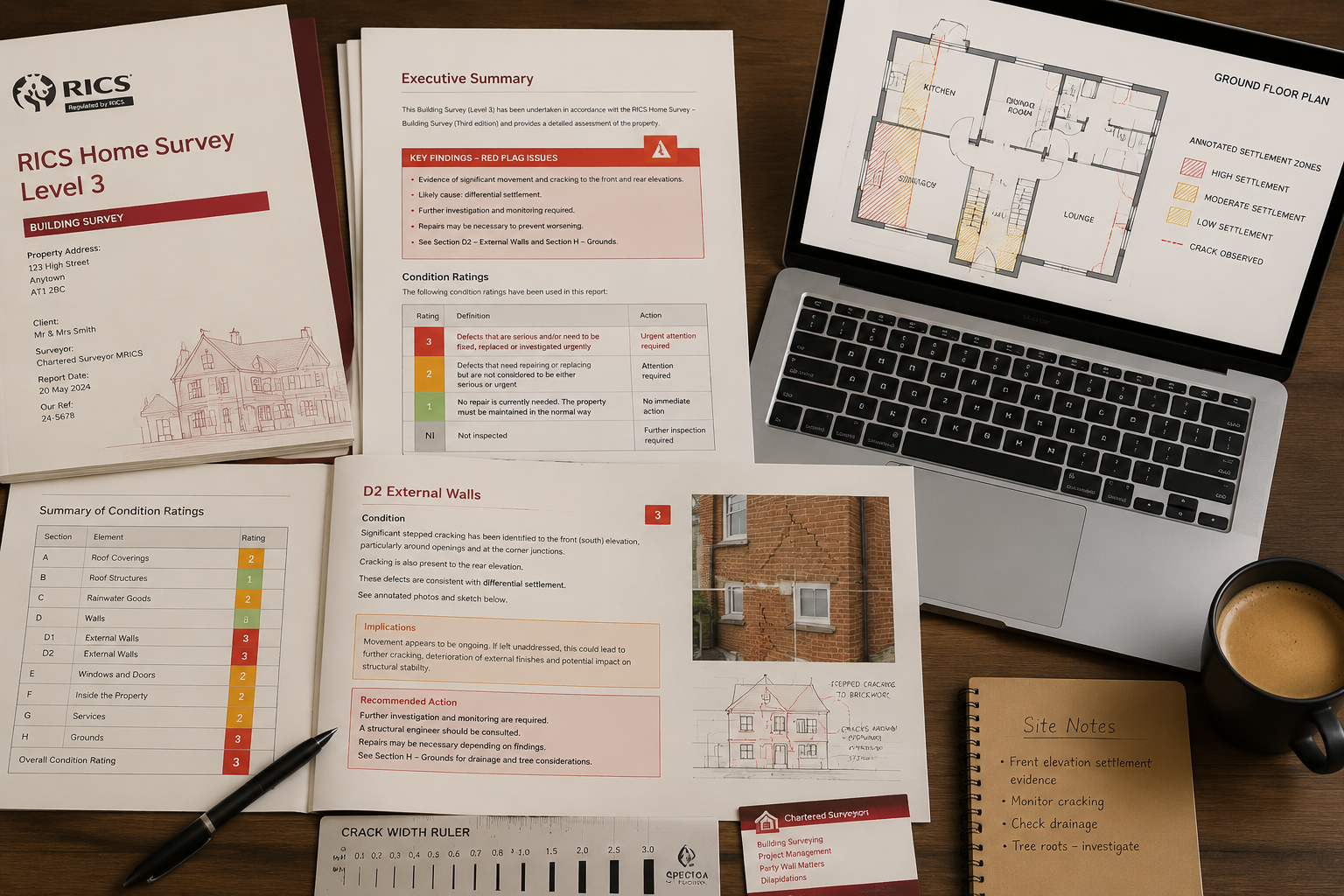 () aerial perspective looking down at a surveyor's desk with spread-out building survey documents, a RICS Level 3 report