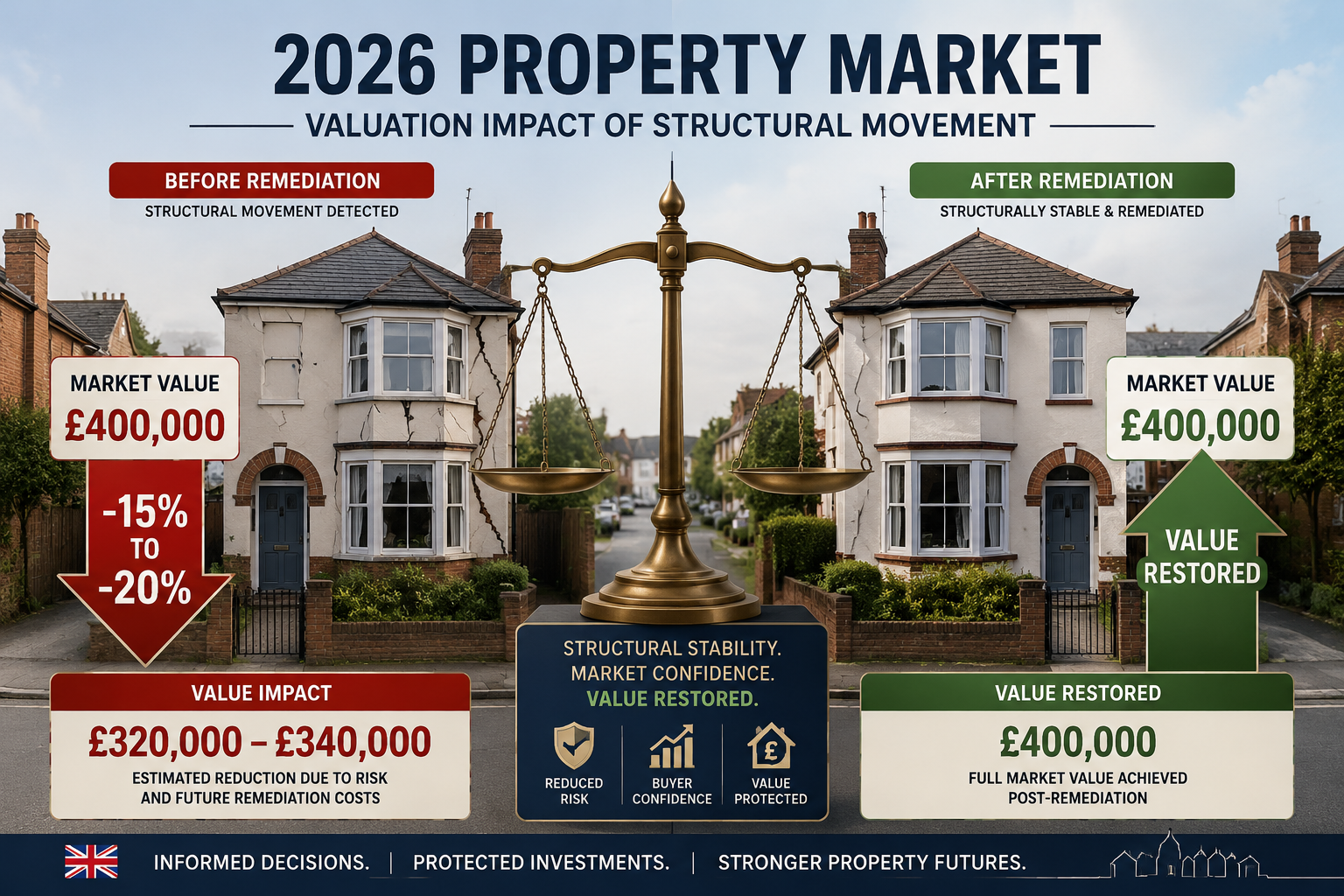() showing a side-by-side property valuation comparison: left side shows a house with visible settlement cracks and a