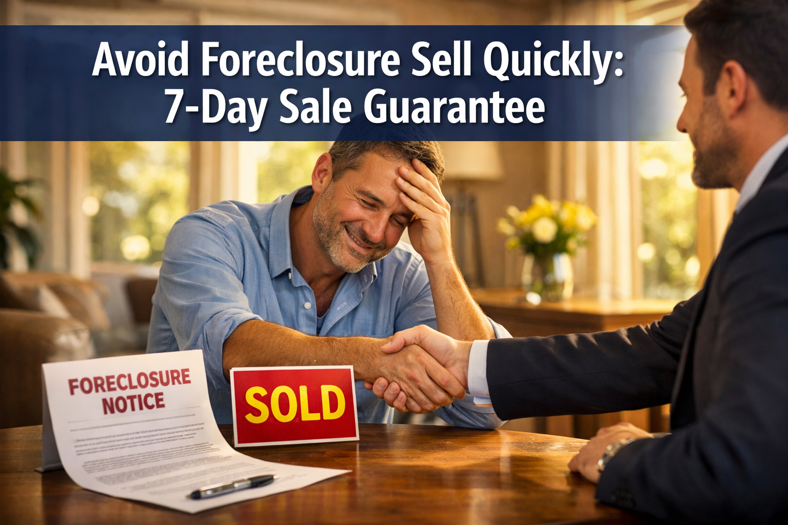 Professional landscape format (1536x1024) hero image featuring bold text overlay 'Avoid Foreclosure Sell Quickly: 7-Day Sale Guarantee' in e