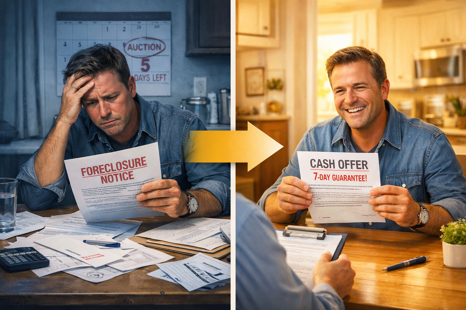 Detailed landscape format (1536x1024) image showing split-screen comparison: left side depicts stressed homeowner holding foreclosure notice