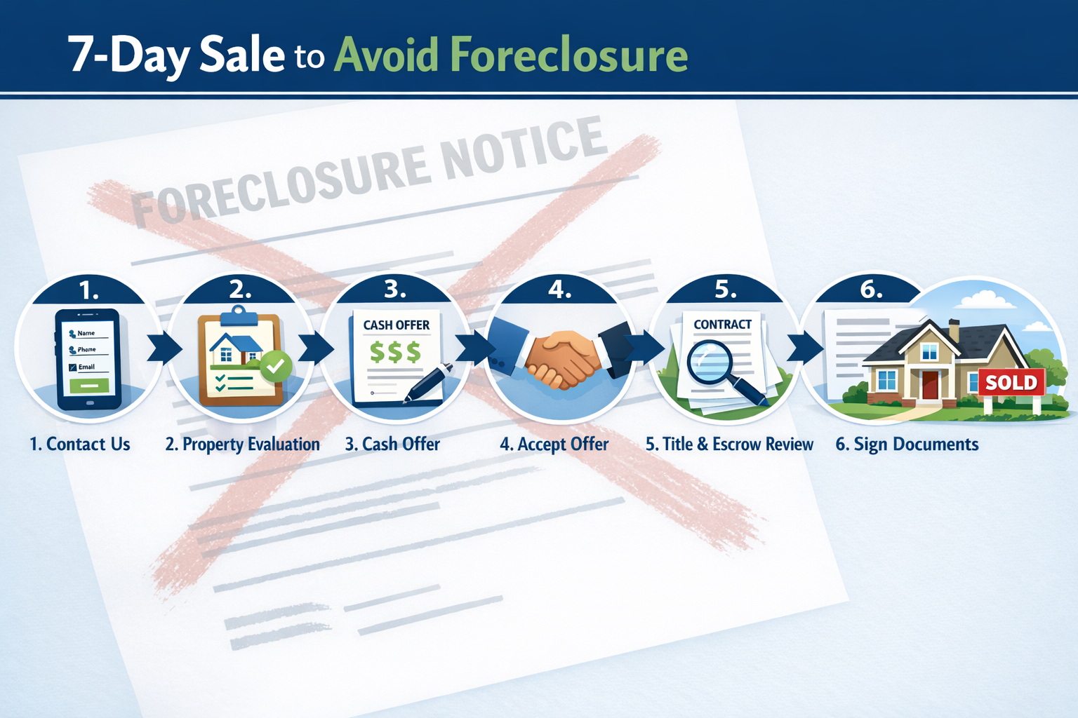 Detailed landscape format (1536x1024) infographic-style image displaying step-by-step visual timeline of 7-day sale process to avoid foreclo