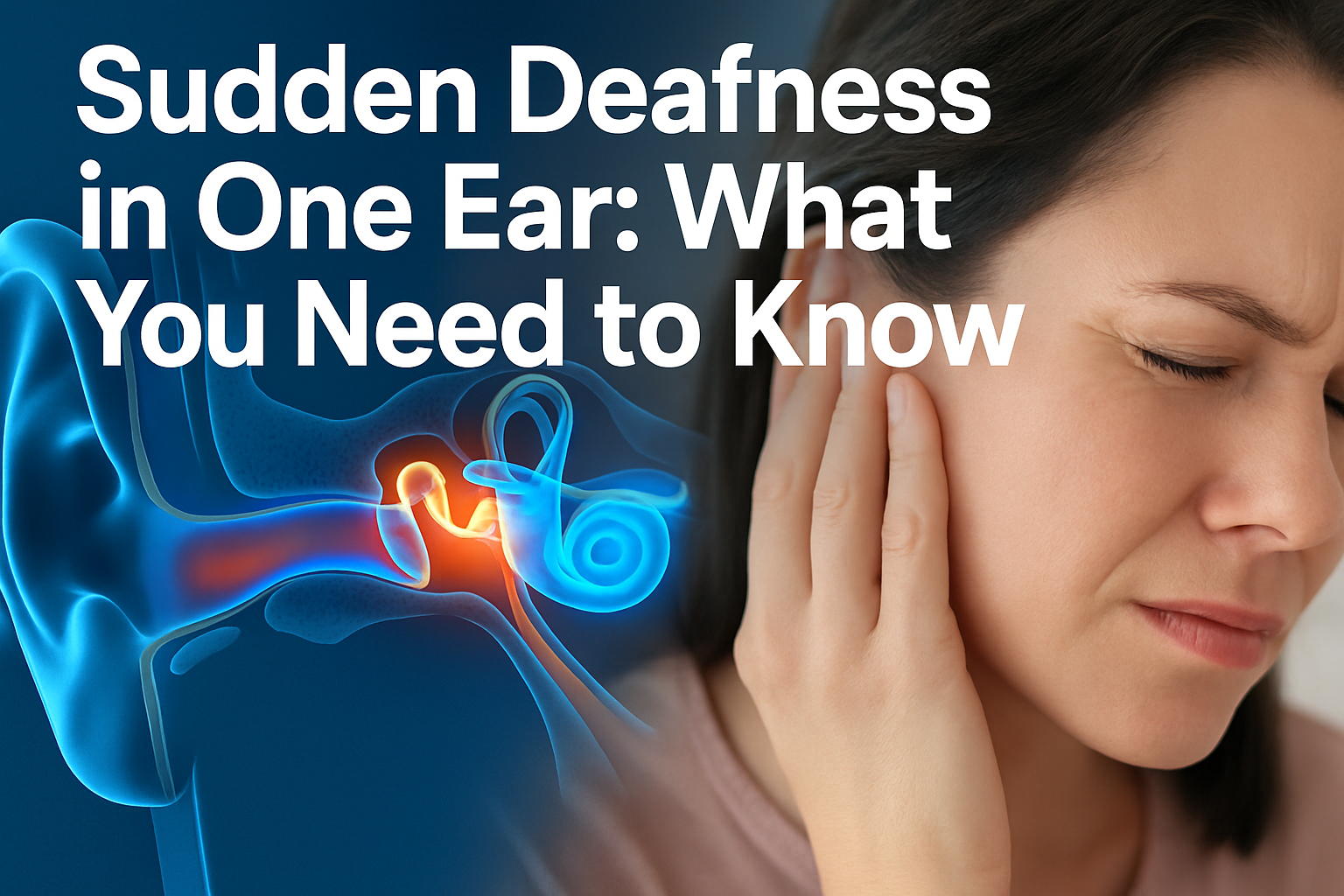 Professional landscape hero image (1536x1024) featuring bold text overlay 'Sudden Deafness in One Ear: What You Need to Know' in extra large