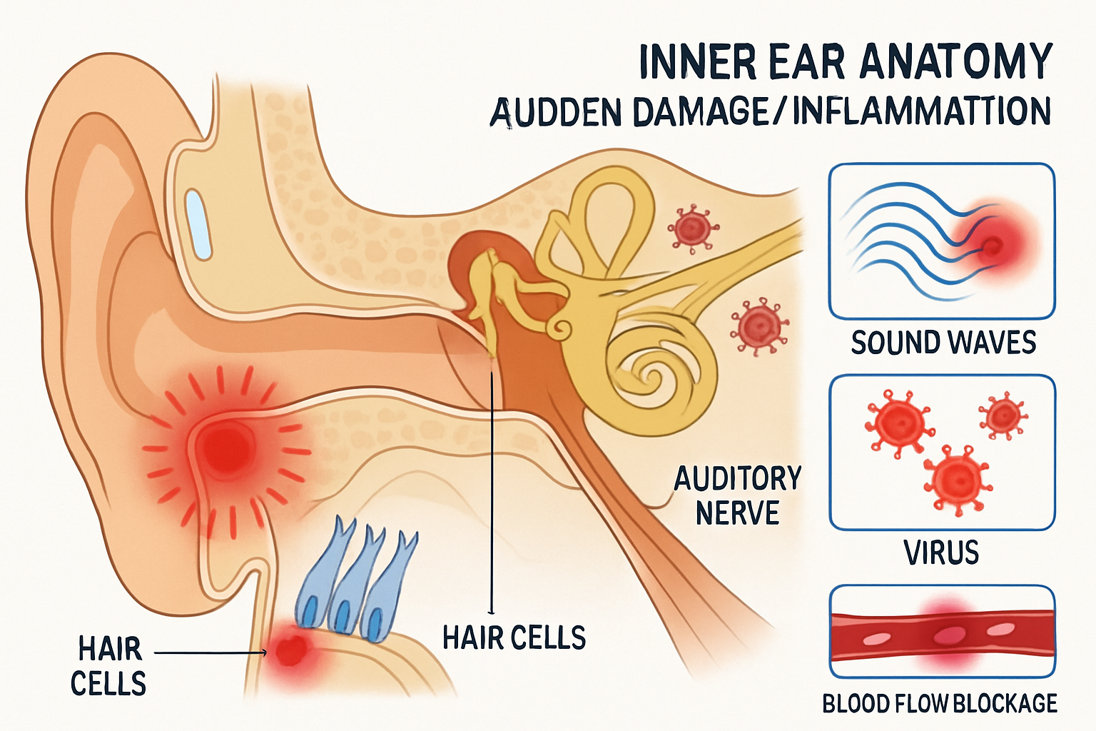 Detailed medical illustration showing the inner ear anatomy with cochlea, auditory nerve, and hair cells highlighted in cross-section view, 