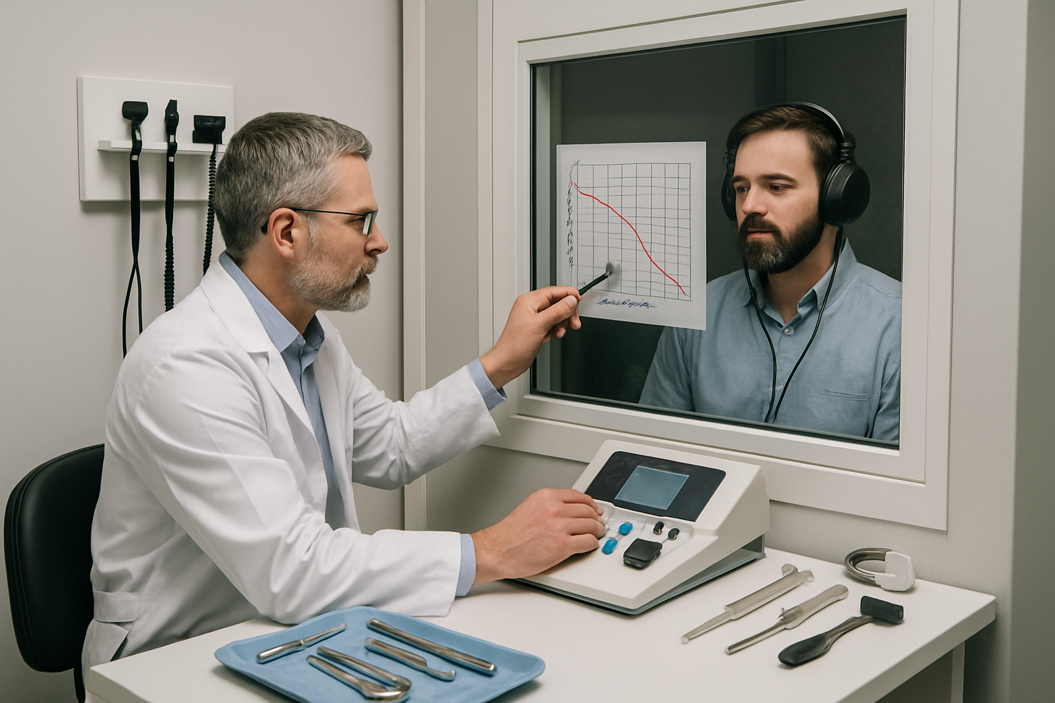 Clinical examination scene showing ENT specialist performing audiometry test on patient in soundproof booth, with visible audiogram chart di