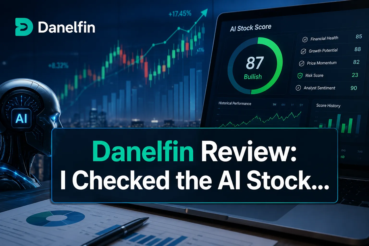 A reading "Danelfin Review: I Checked the AI Stock…". CRITICAL TYPOGRAPHY RULES: render the text on 1–2 lines, centered,