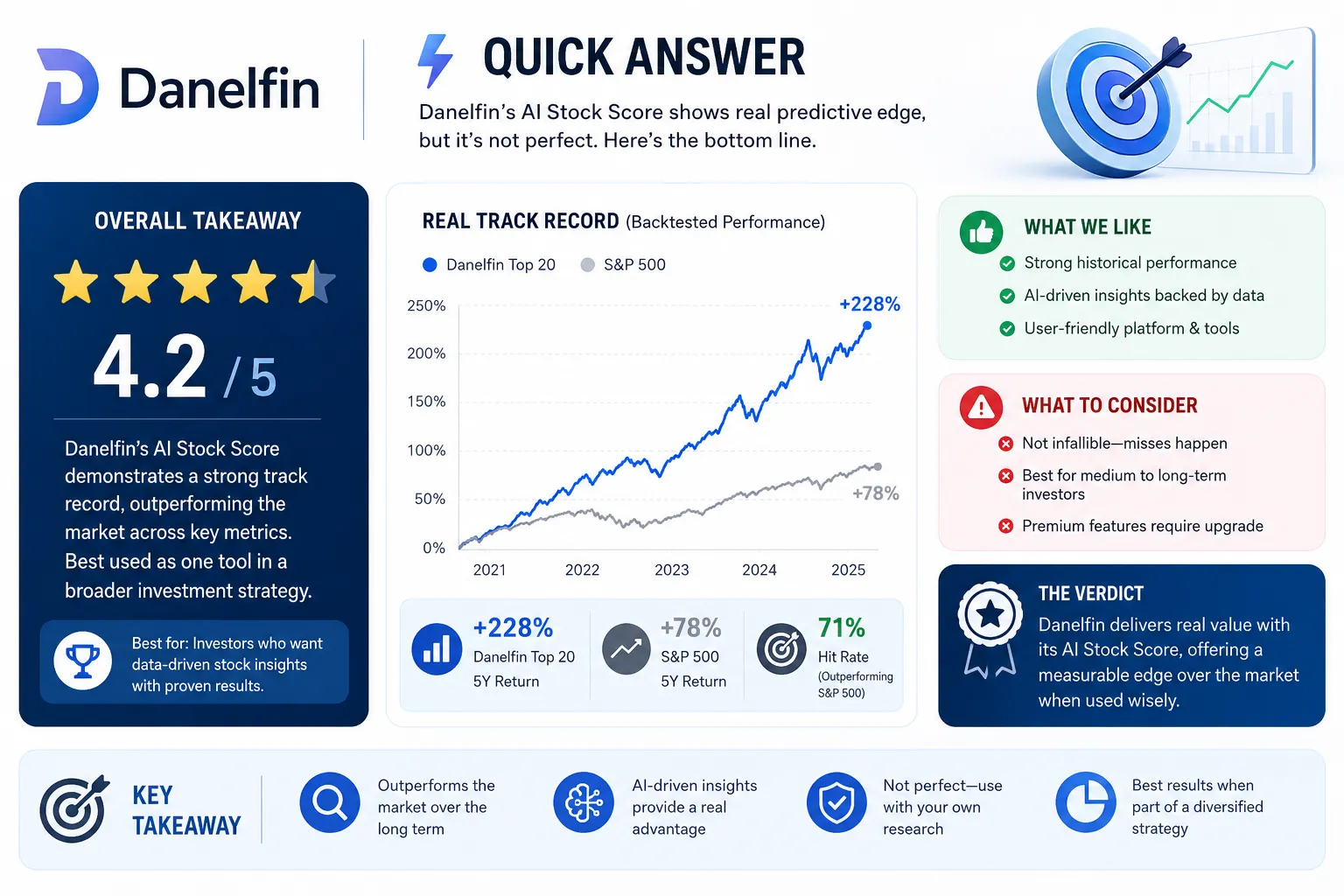 Professional infographic for article "Danelfin Review: I Checked the AI Stock Score's Real Track Record", section: "Quick