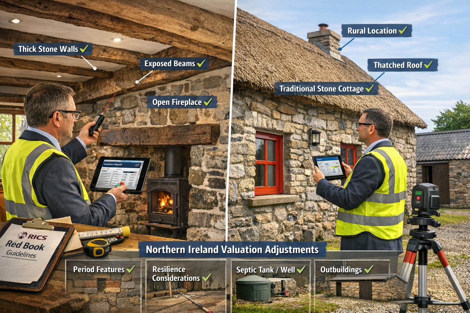 () technical illustration showing RICS surveyor conducting property valuation in traditional Northern Ireland stone cottage