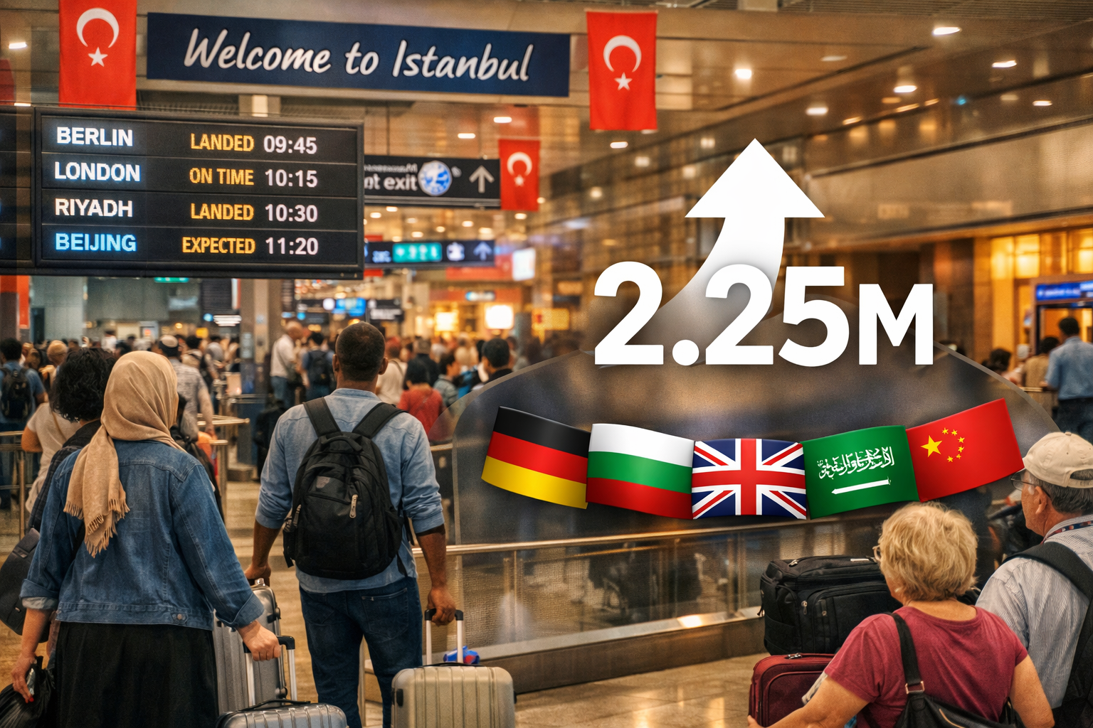 Detailed () editorial image showing a bustling Istanbul airport arrivals terminal with diverse international travelers
