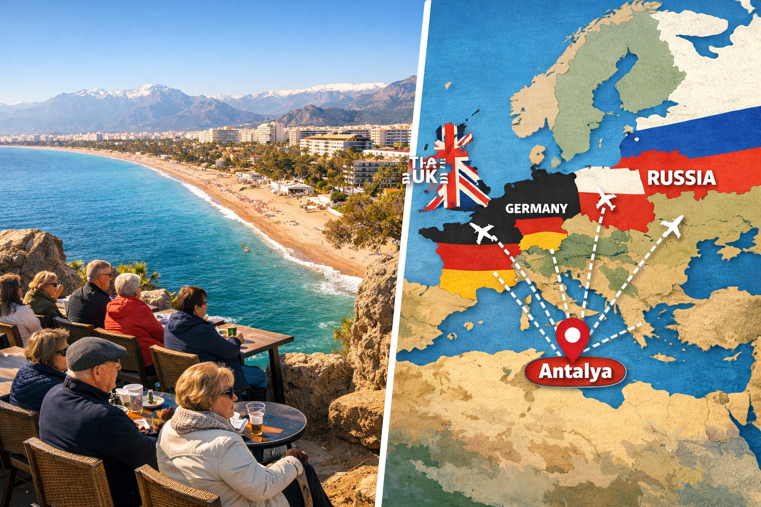 Detailed () editorial image depicting Antalya's Mediterranean coastline from an elevated cliff perspective, turquoise waters