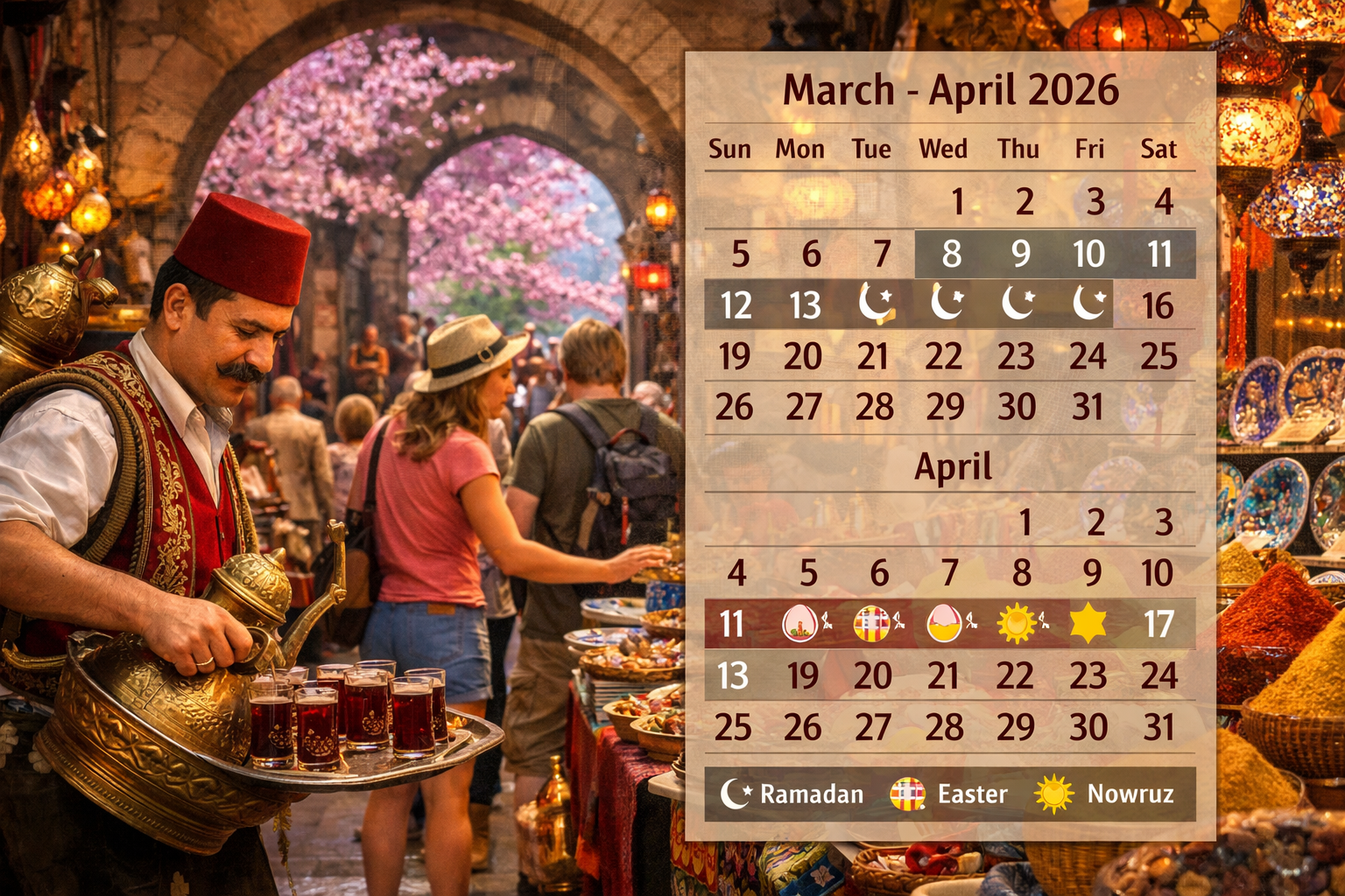 Detailed () editorial image showing a vibrant Turkish bazaar scene in spring with cherry blossoms visible through arched