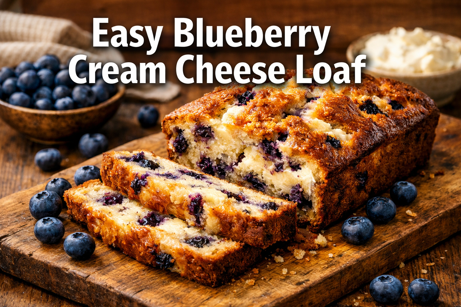 Professional landscape hero image (1536x1024) featuring bold text overlay 'Easy Blueberry Cream Cheese Loaf' in extra large 72pt white sans-