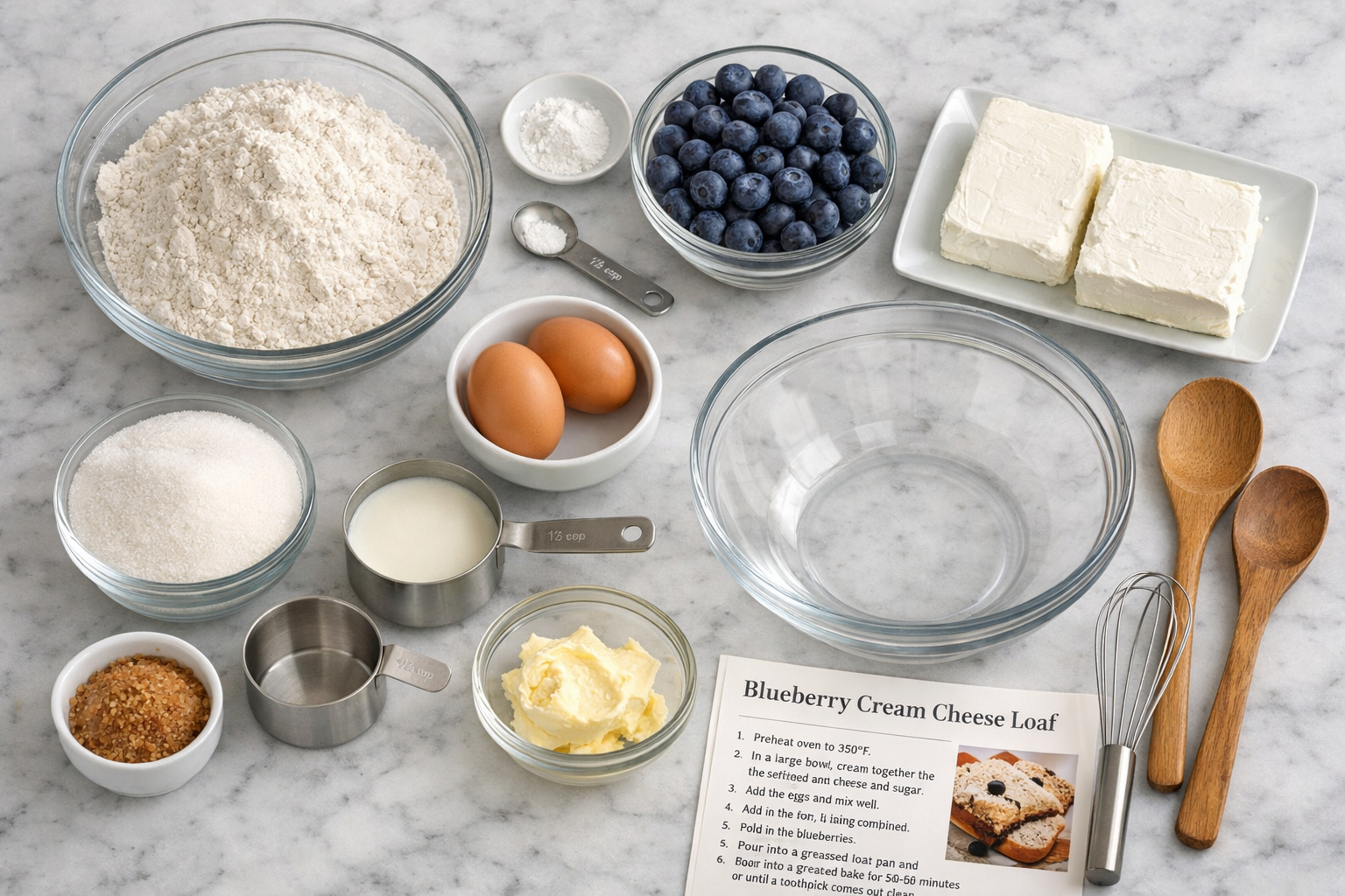 Detailed landscape image (1536x1024) showing step-by-step blueberry cream cheese loaf preparation with ingredients laid out on marble counte