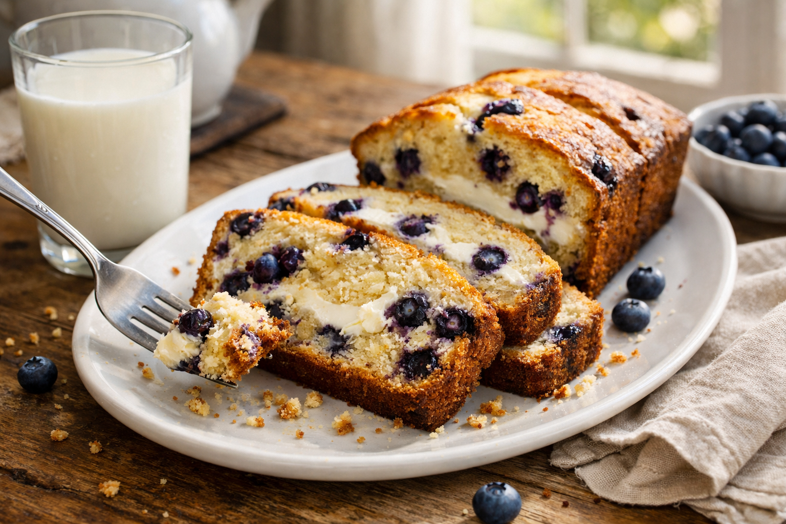 Professional landscape food photography (1536x1024) displaying perfectly sliced blueberry cream cheese loaf on white ceramic plate, showing 
