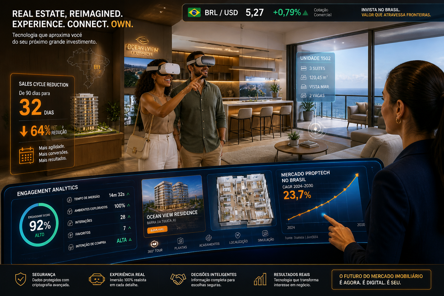 Wide-angle editorial illustration showing a Brazilian real estate sales floor where a diverse couple wearing VR headsets
