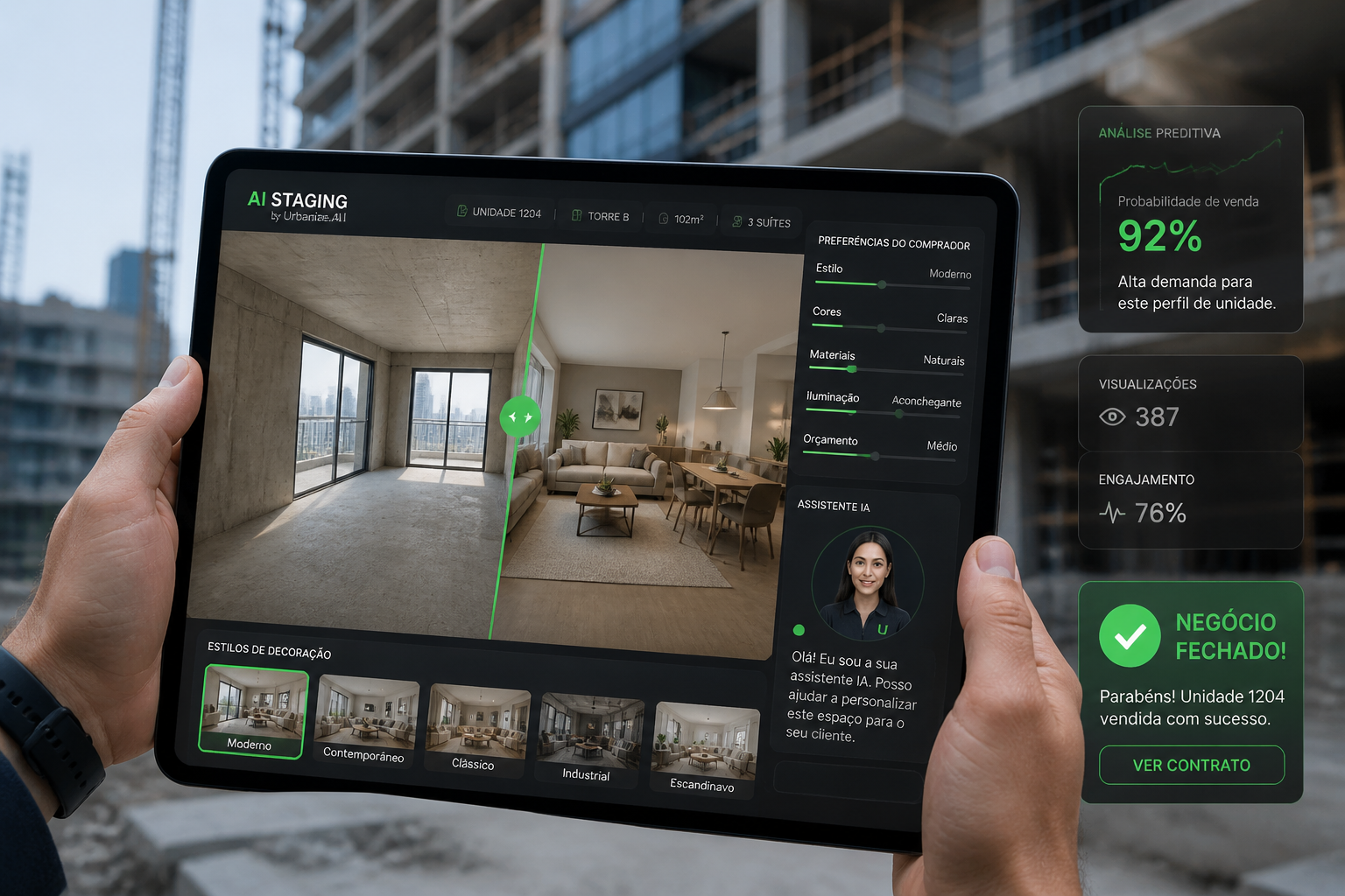 Close-up editorial photograph-style image of a real estate developer's hands holding a tablet displaying an AI-powered AR