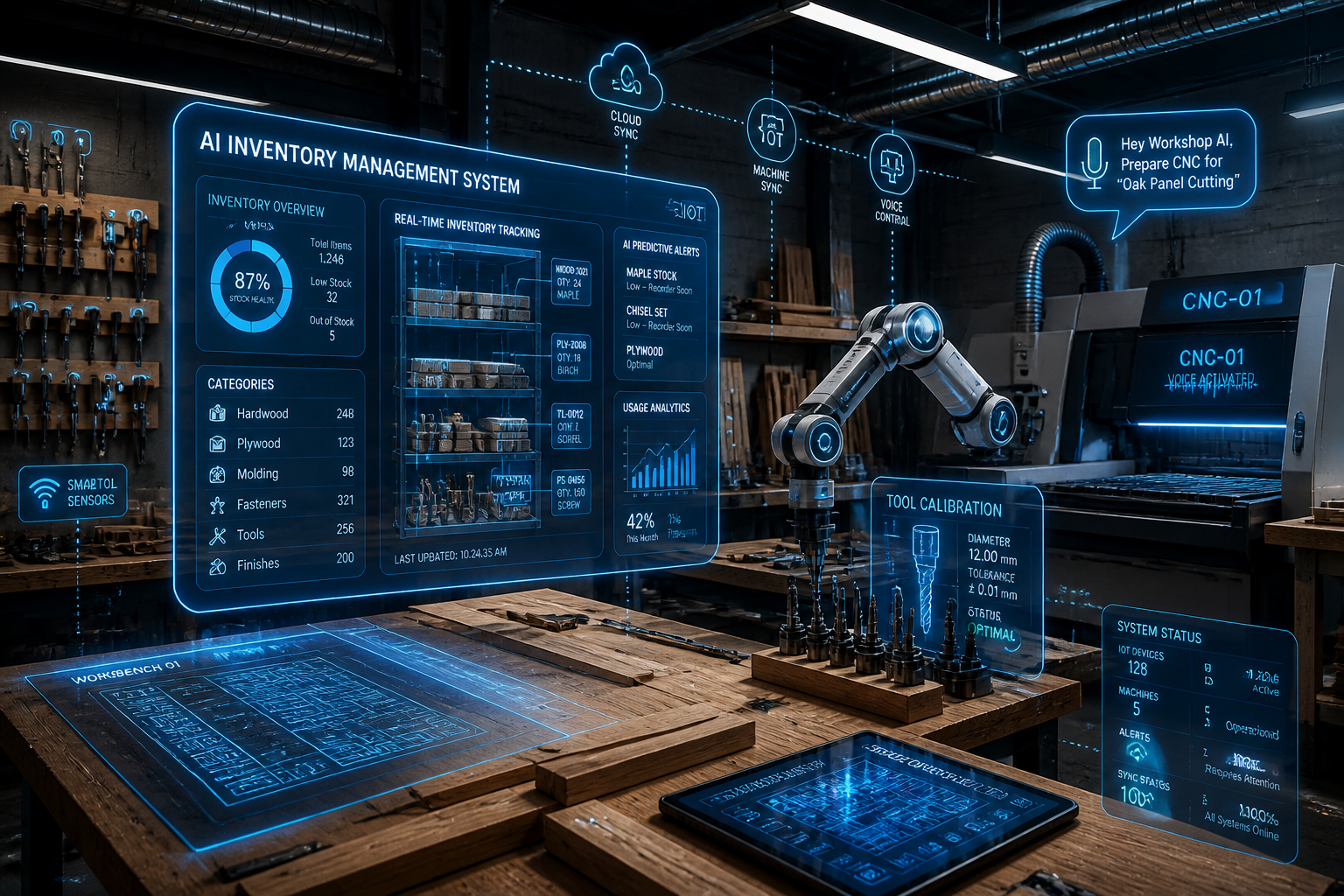 Futuristic woodworking workshop interior showcasing AI-driven inventory management system, with holographic inventory