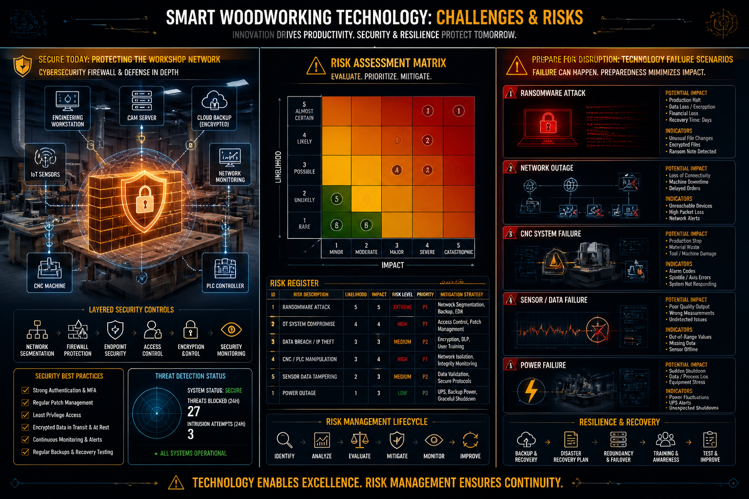Split-screen visualization exploring smart woodworking technology challenges, left side showing cybersecurity firewall