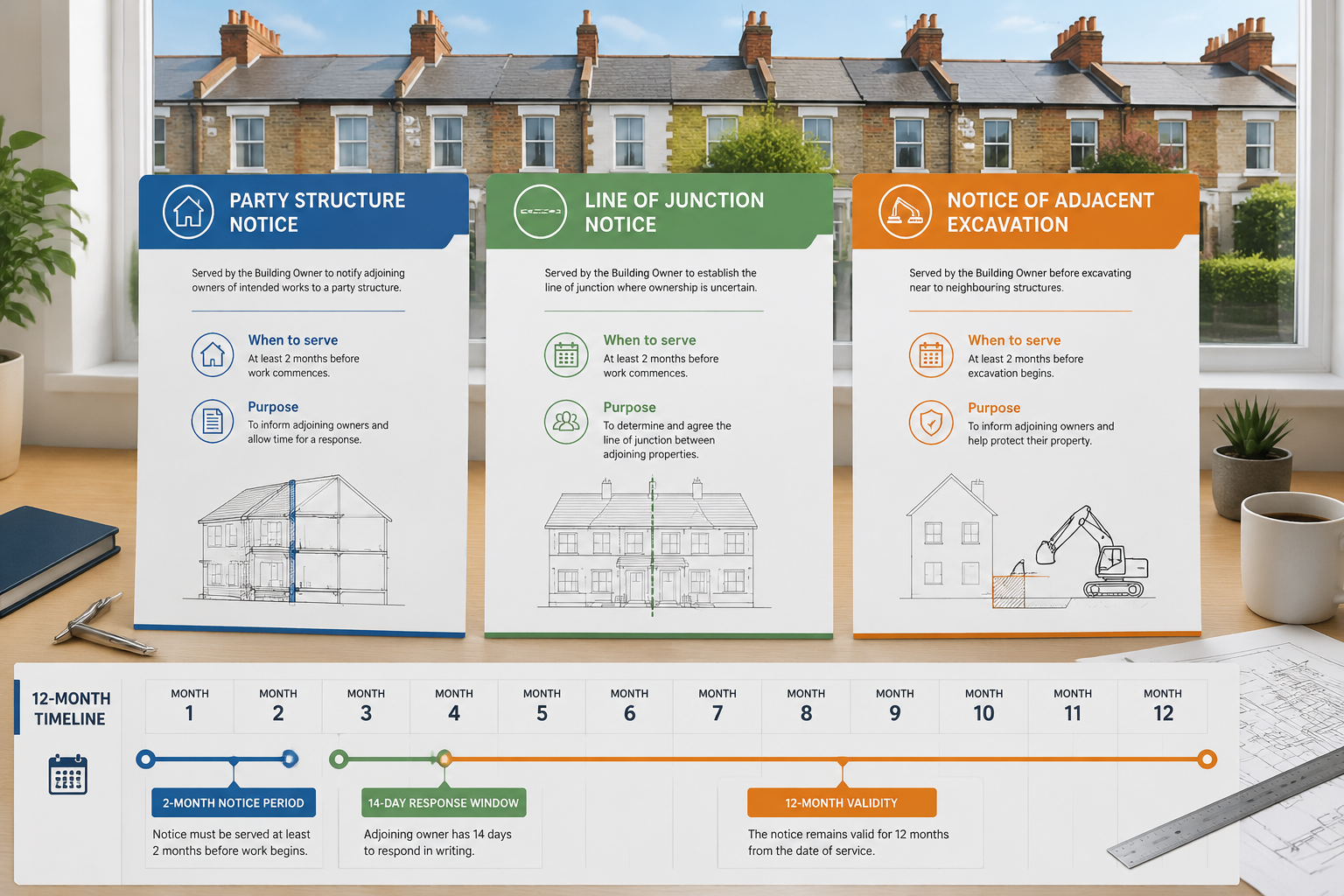 () infographic-style illustration showing three distinct party wall notice document types arranged side by side on a clean