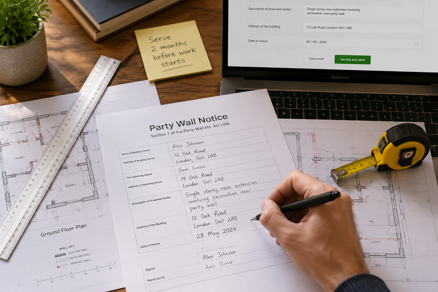 () showing a close-up overhead view of a homeowner's desk with a party wall notice template being filled in by hand,