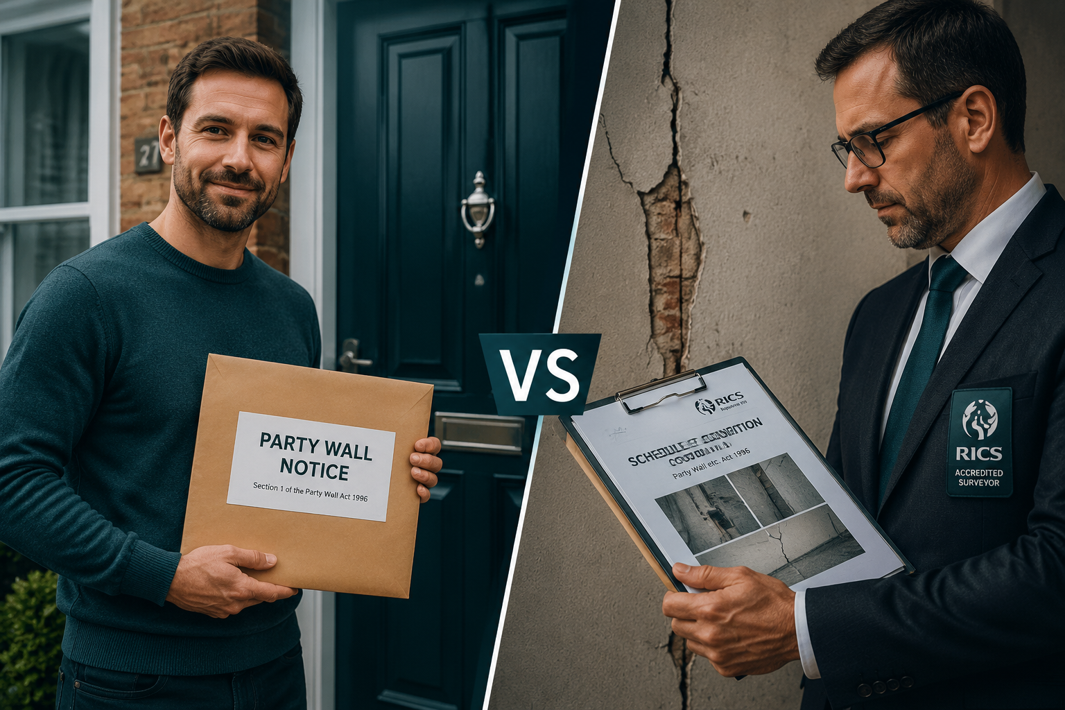() dramatic split-composition image: left half shows a confident DIY homeowner holding a completed party wall notice
