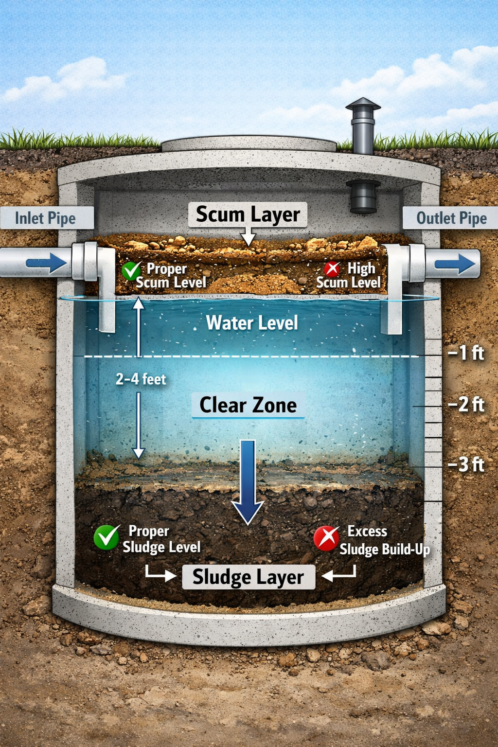 Detailed cross-section technical diagram in () showing septic tank interior with scum layer, clear zone, and sludge