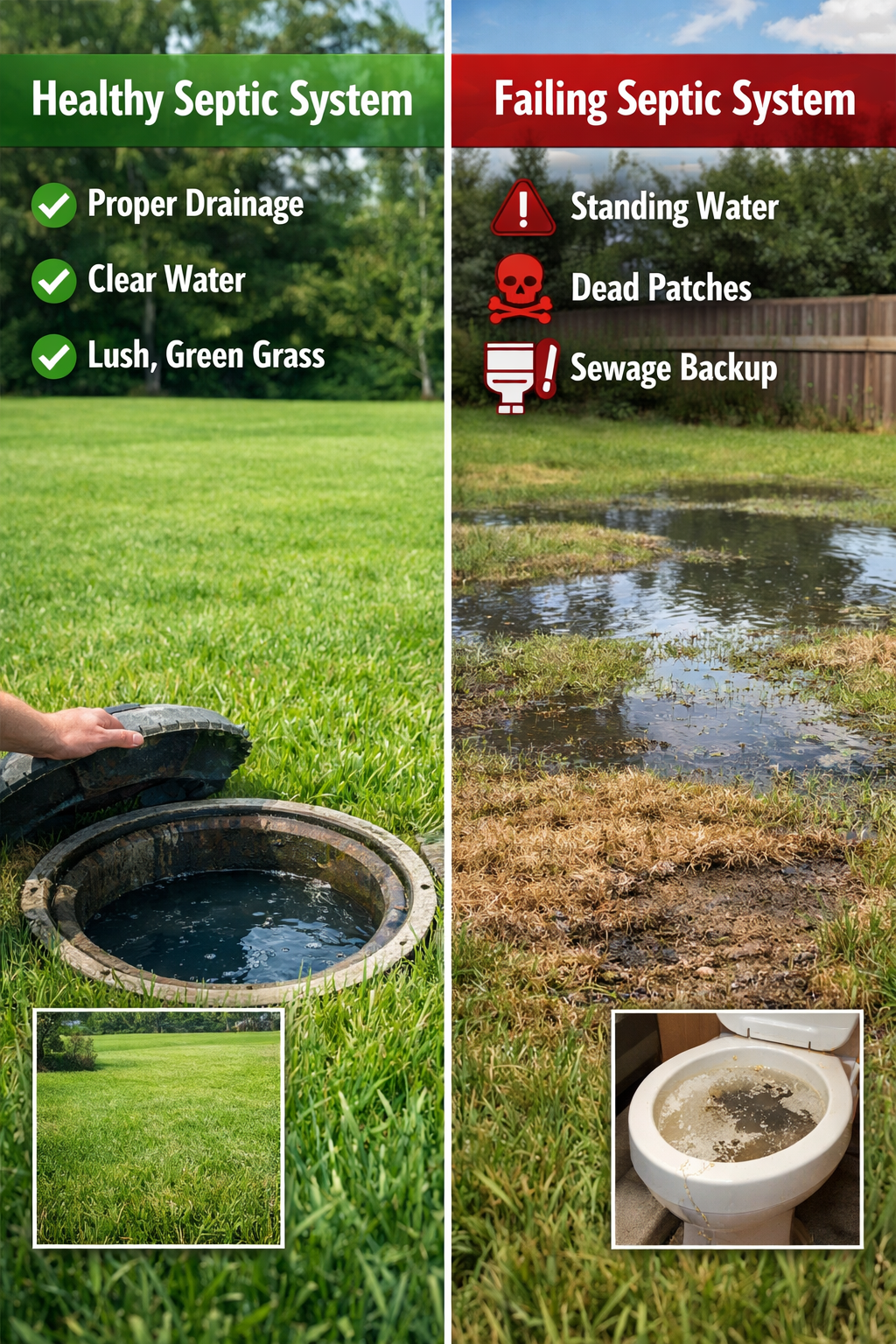 () split-screen comparison showing healthy vs problematic septic system signs. Left side displays green checkmarks with