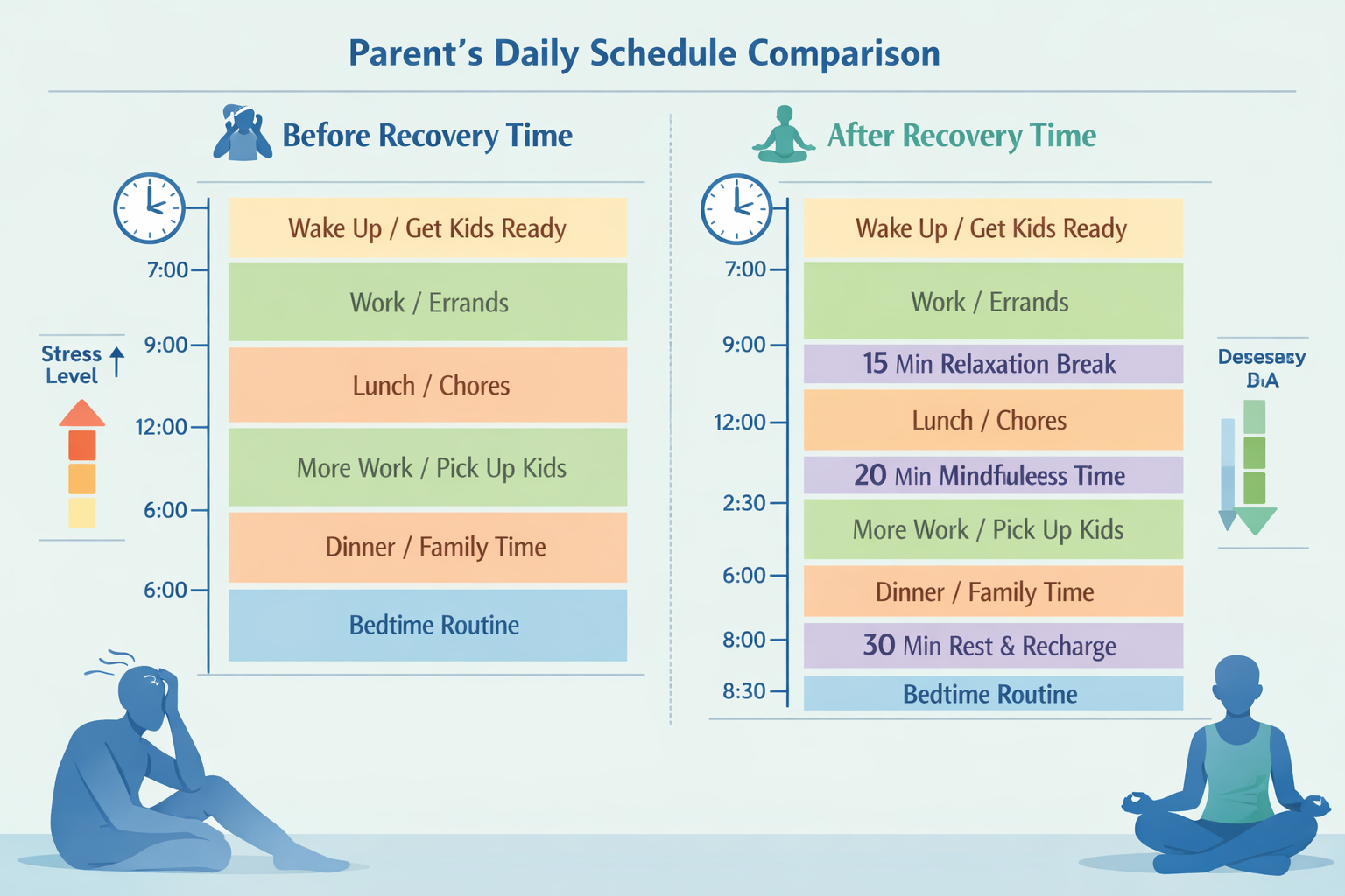 Landscape format (1536x1024) image showing parent's daily schedule comparison chart with two columns labeled 'Before Recovery Time' and 'Aft