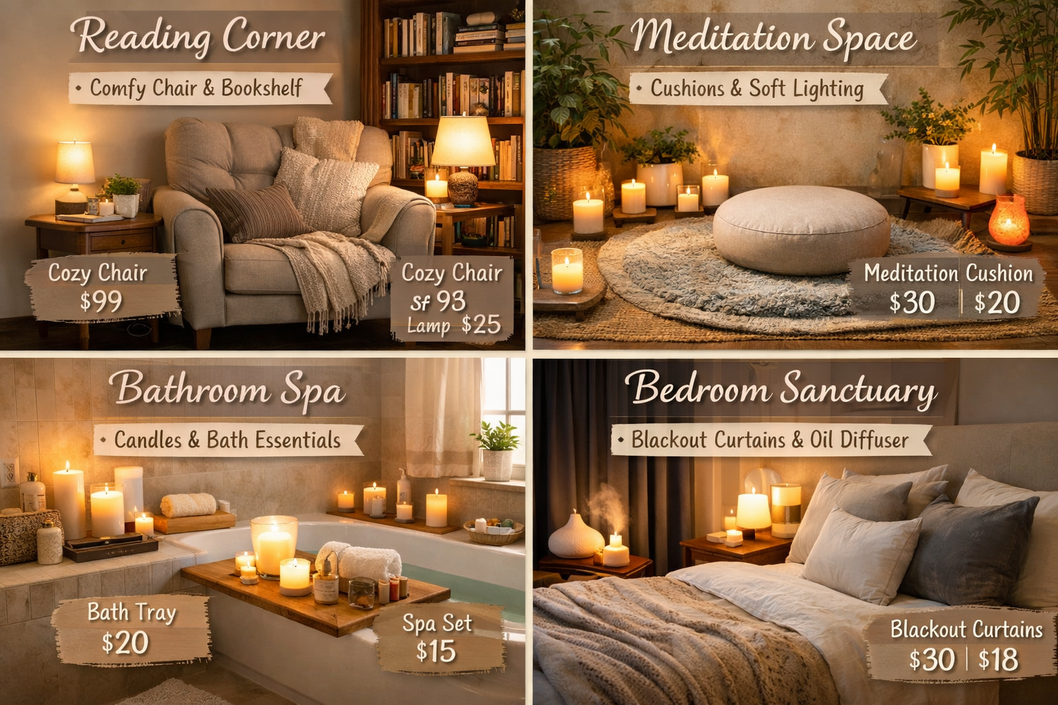 Landscape format (1536x1024) image depicting cozy home recovery spaces collage with four distinct zones: reading corner with comfortable arm