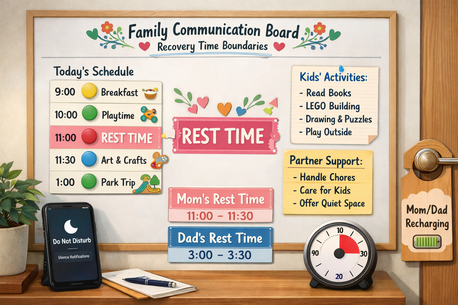 Landscape format (1536x1024) image showing family communication board or chart with recovery time boundaries clearly displayed, visual sched