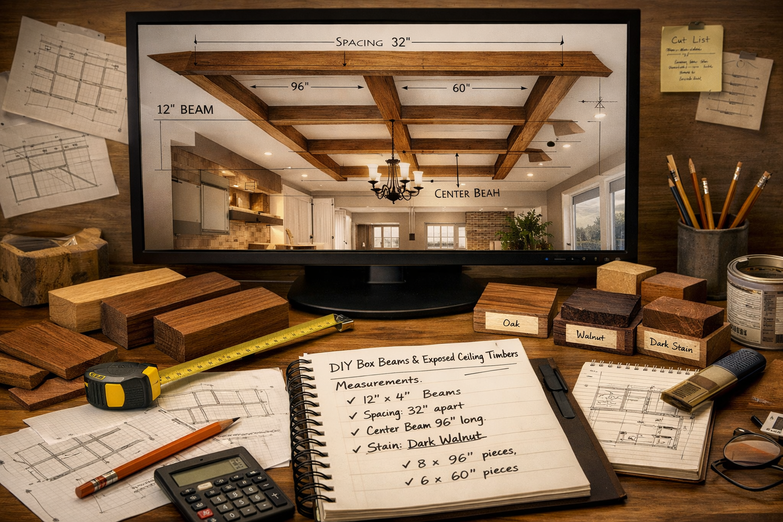 A detailed landscape format (1536x1024) image illustrating the planning and design phase of DIY box beams and exposed ceiling timbers. The i